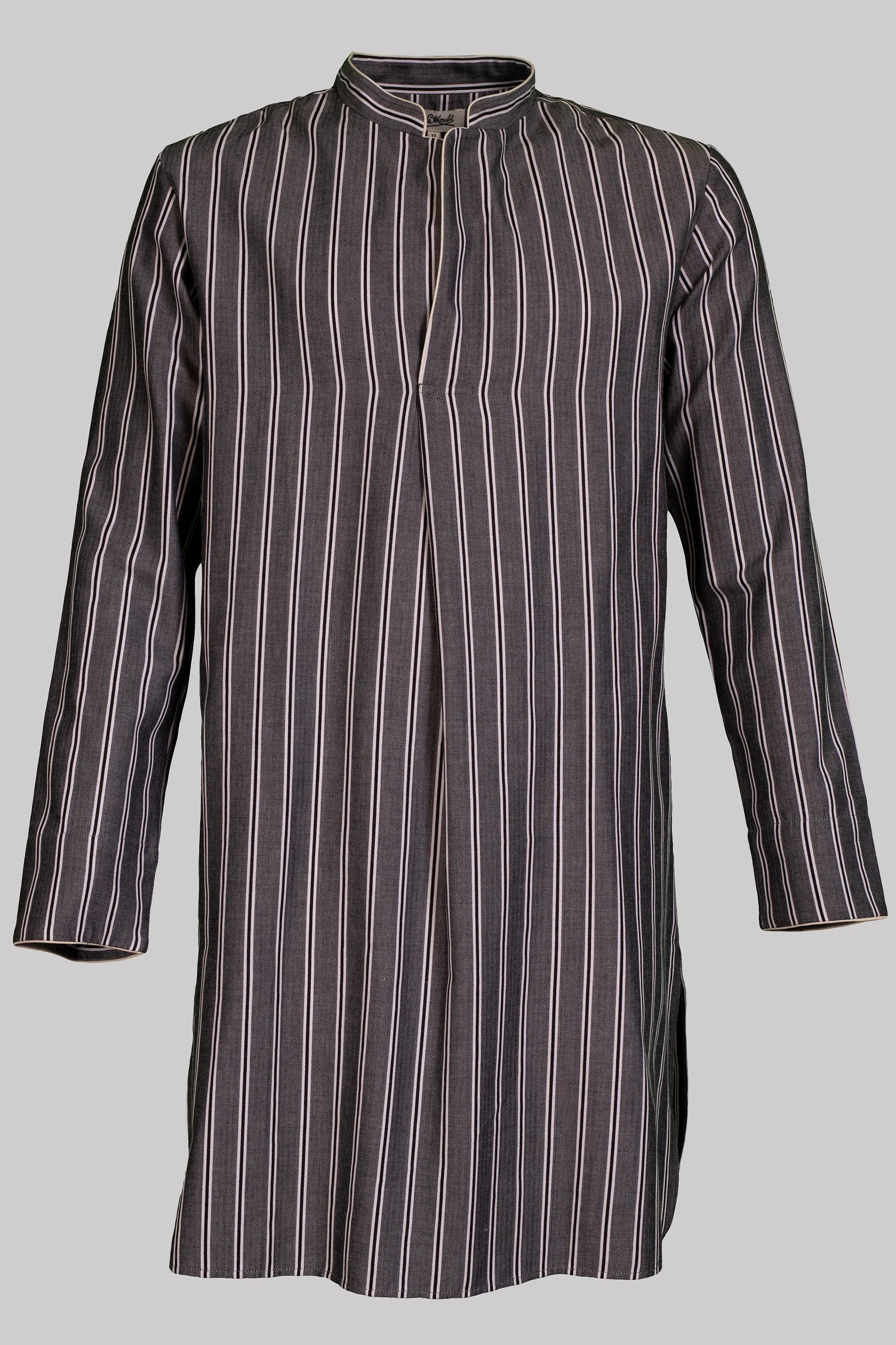 NIGHT-SHIRT BLACK-Grey-white with white piping 100% COTTON Herringbone-light Regimental-M-Stripes fabric-dyed