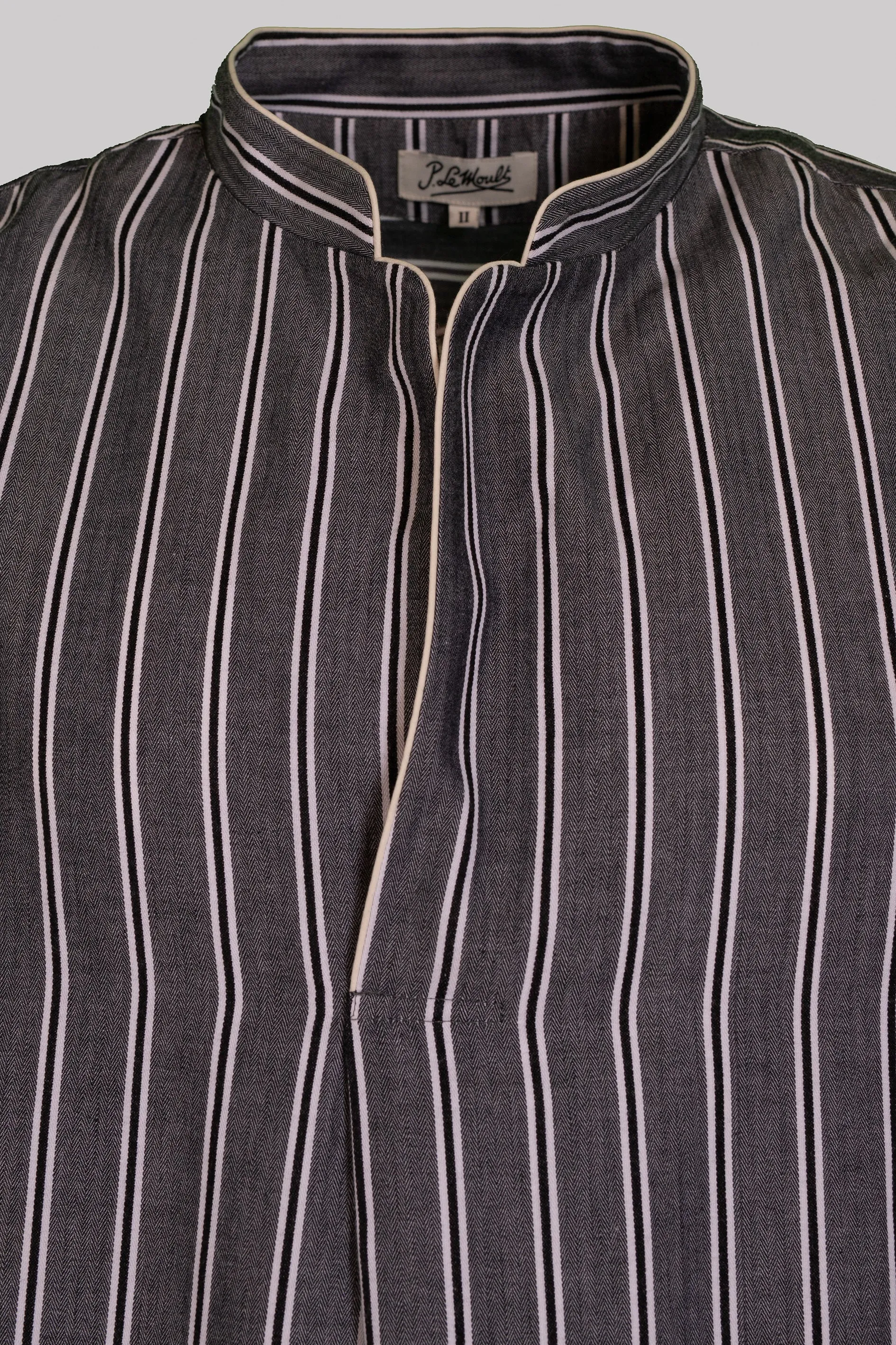 NIGHT-SHIRT BLACK-Grey-white with white piping 100% COTTON Herringbone-light Regimental-M-Stripes fabric-dyed