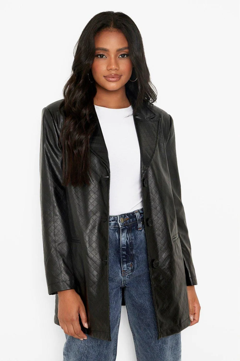 Petite Quilted Faux Leather Oversized Blazer