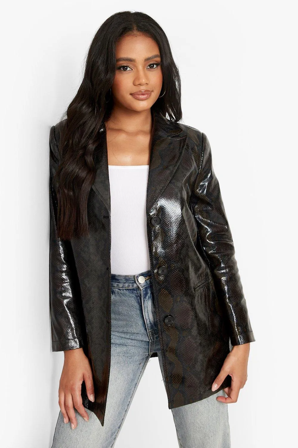 Petite Snake Print Oversized Pu Blazer