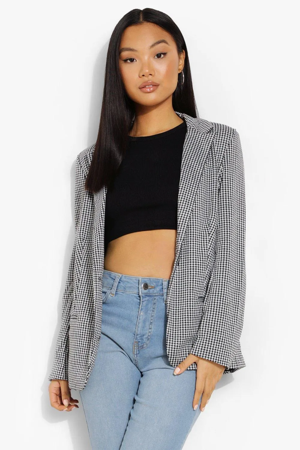 Petite Woven Dogtooth Check Oversized Blazer