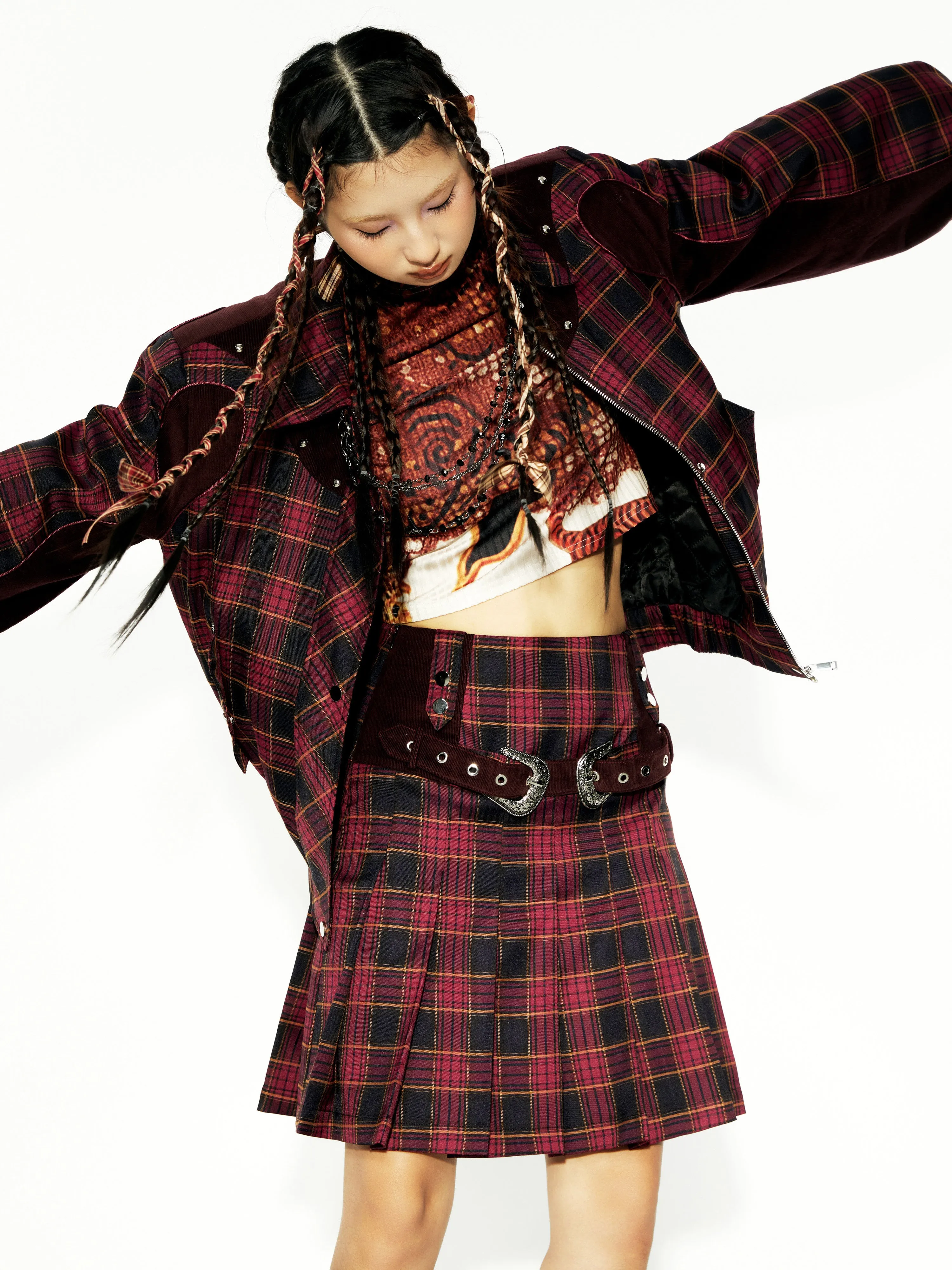 Plaid Stitching ZIP-Up Jacket & Metal Decoration Pleated Skirt