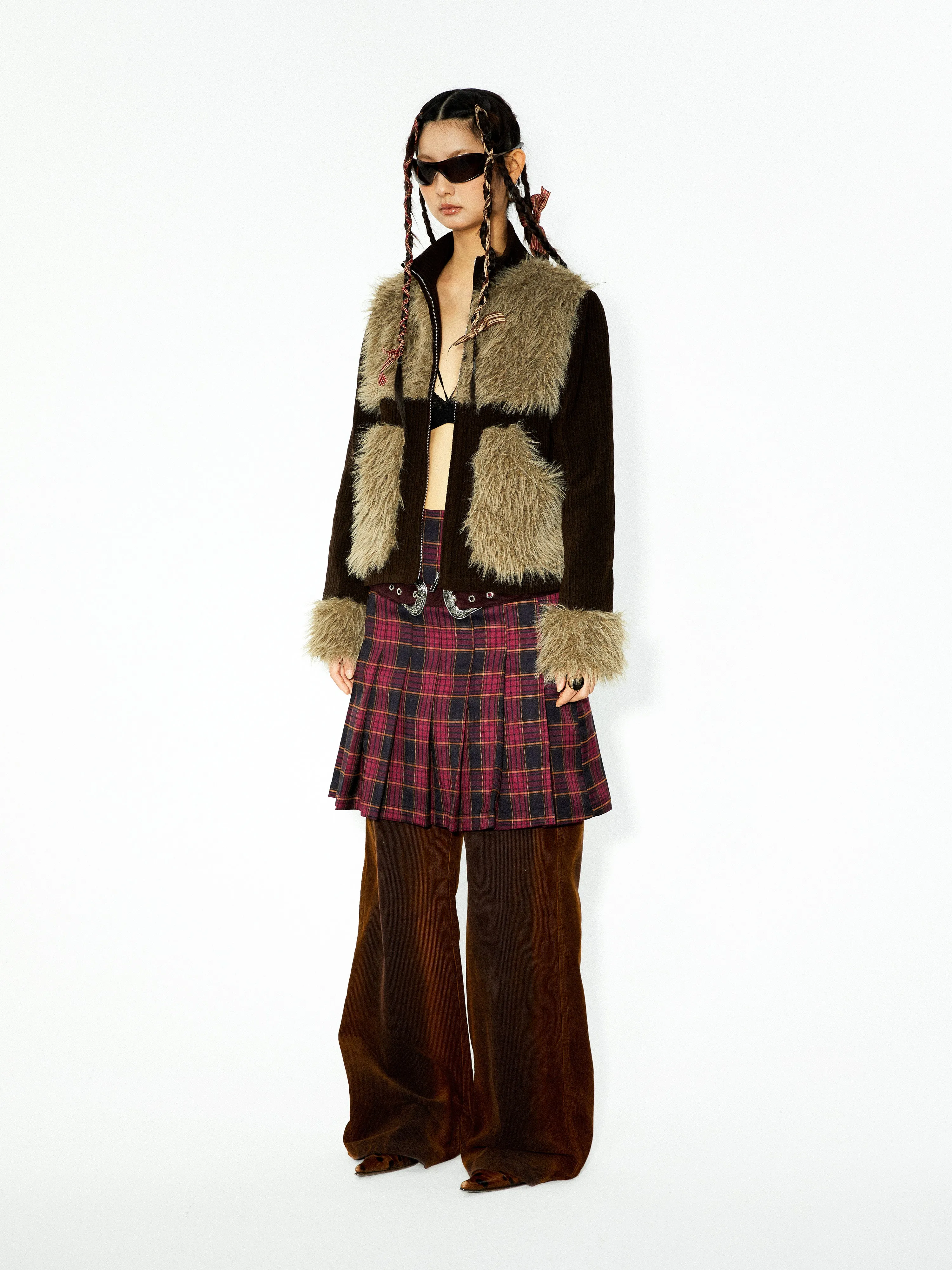 Plaid Stitching ZIP-Up Jacket & Metal Decoration Pleated Skirt