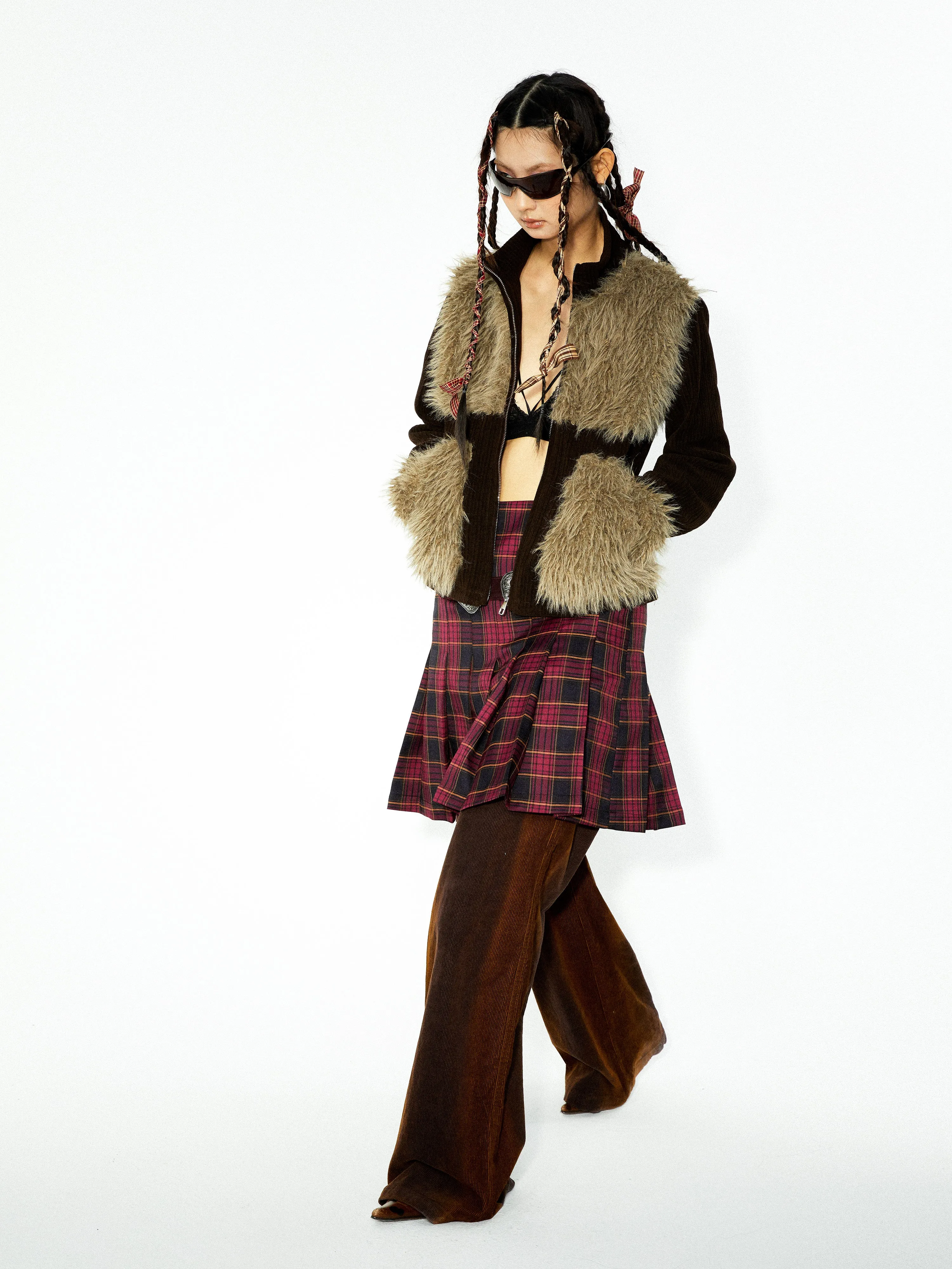 Plaid Stitching ZIP-Up Jacket & Metal Decoration Pleated Skirt