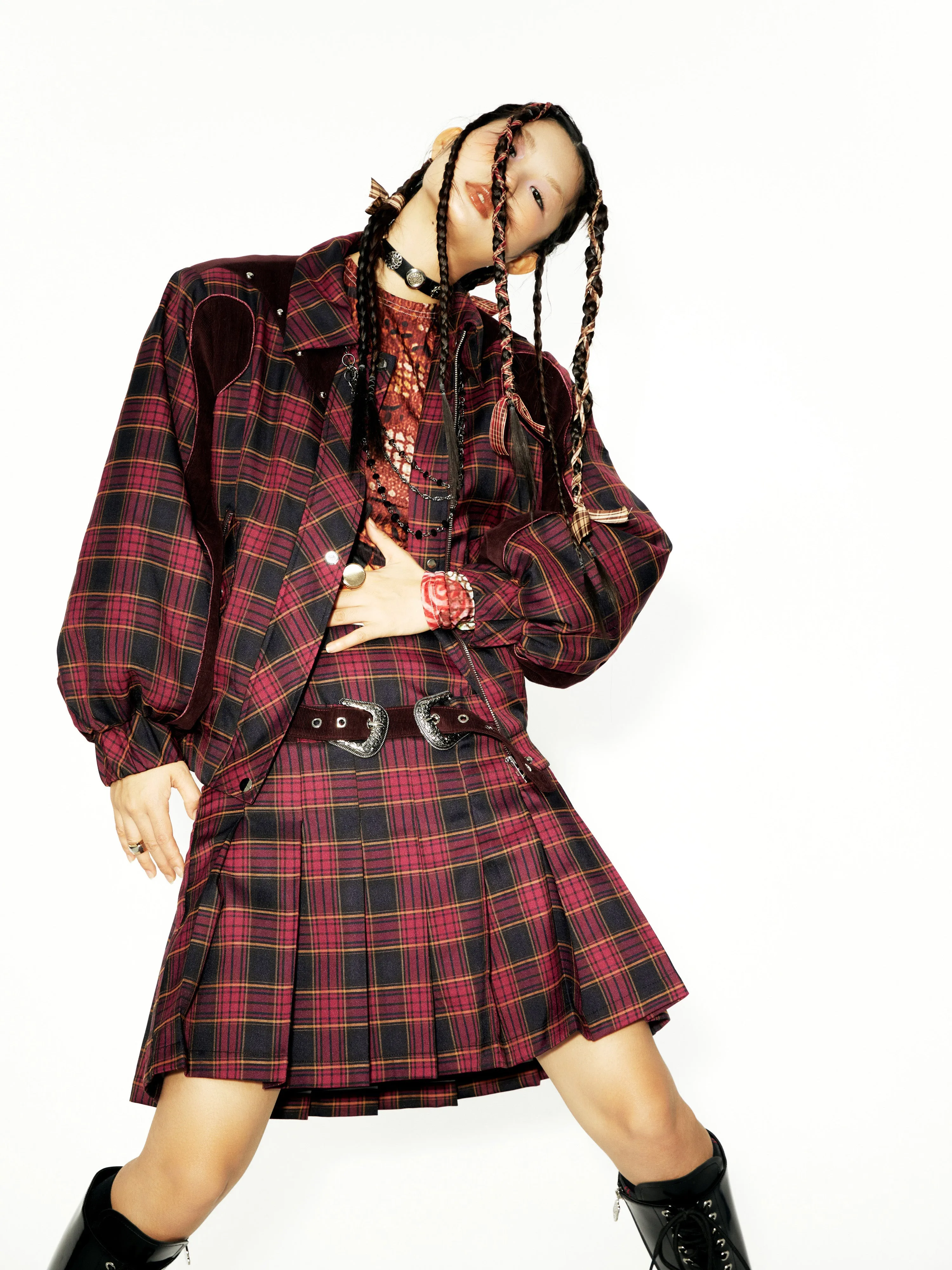 Plaid Stitching ZIP-Up Jacket & Metal Decoration Pleated Skirt