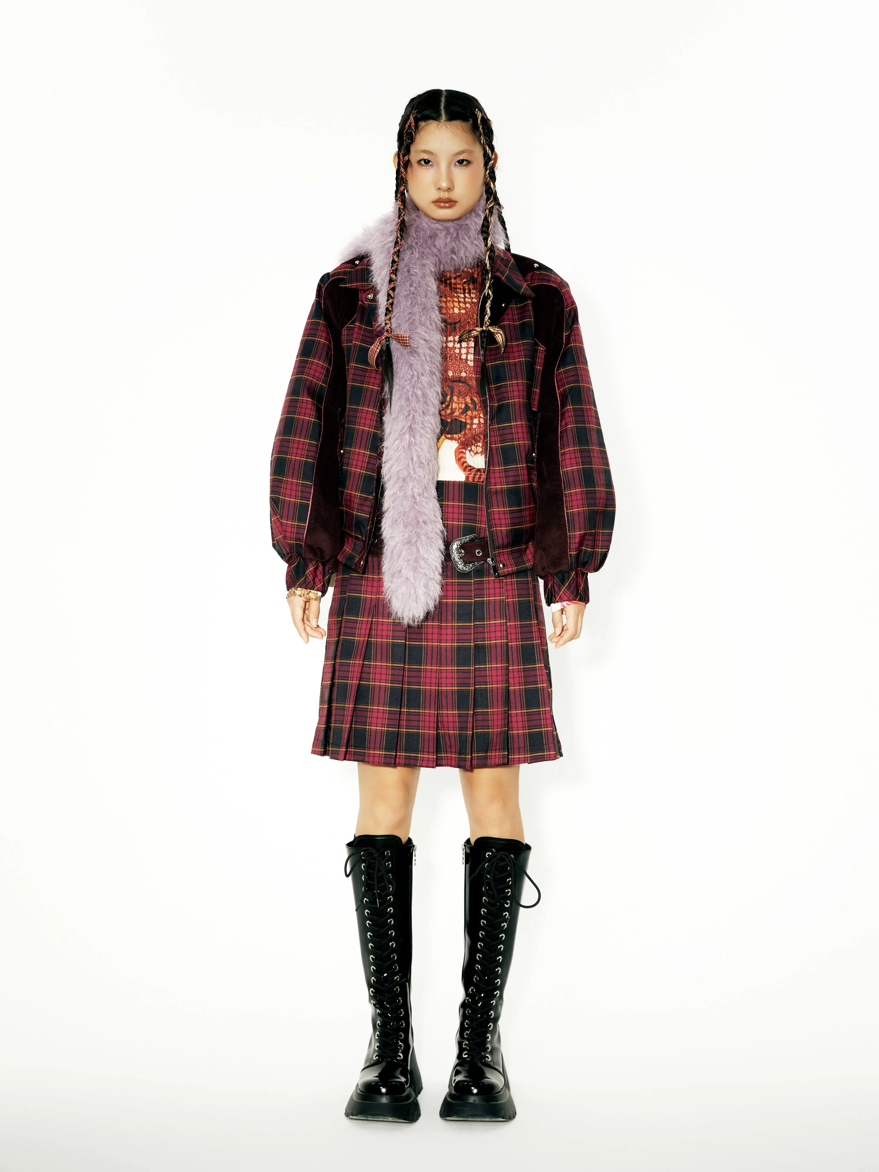 Plaid Stitching ZIP-Up Jacket & Metal Decoration Pleated Skirt