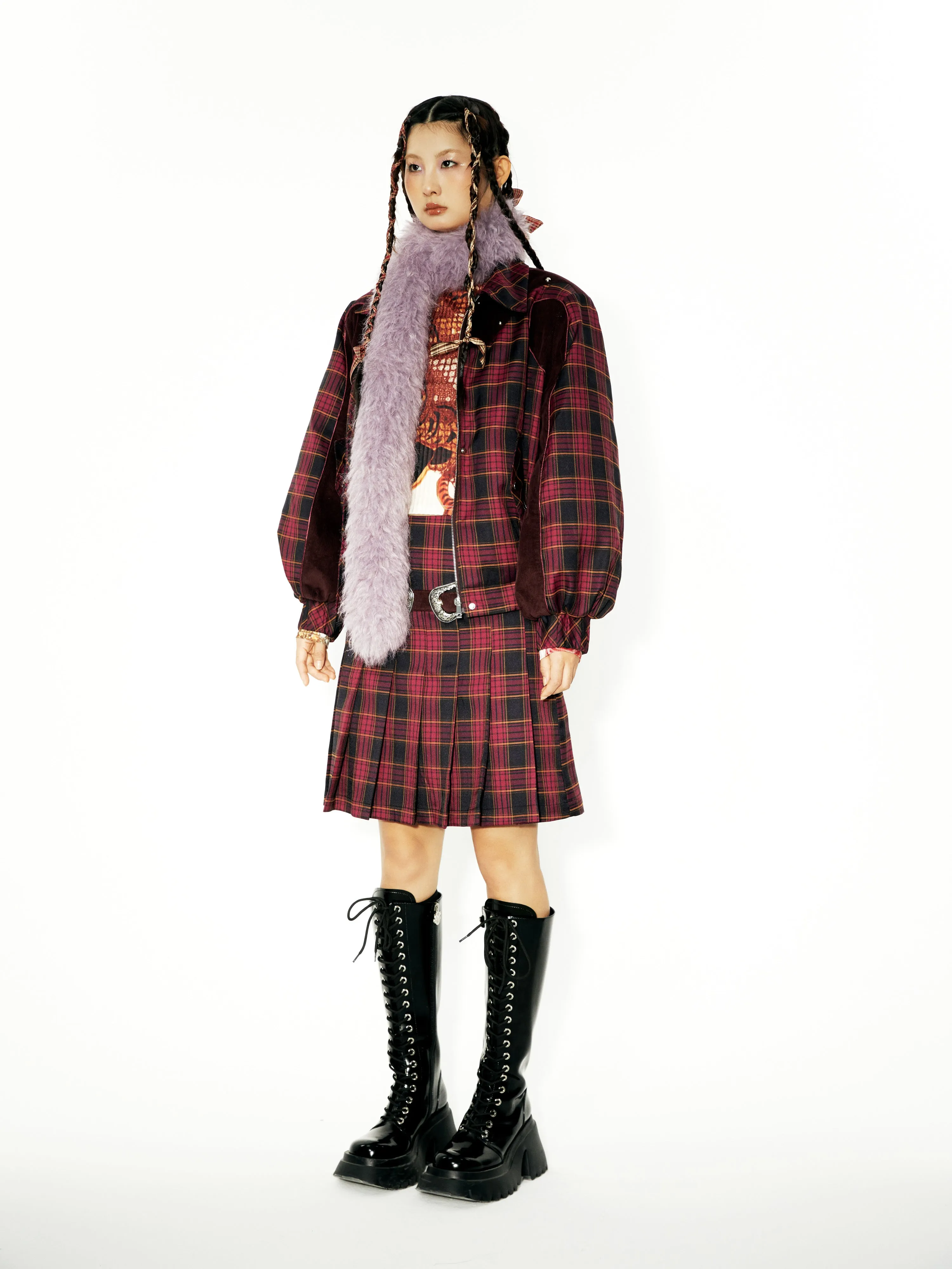 Plaid Stitching ZIP-Up Jacket & Metal Decoration Pleated Skirt