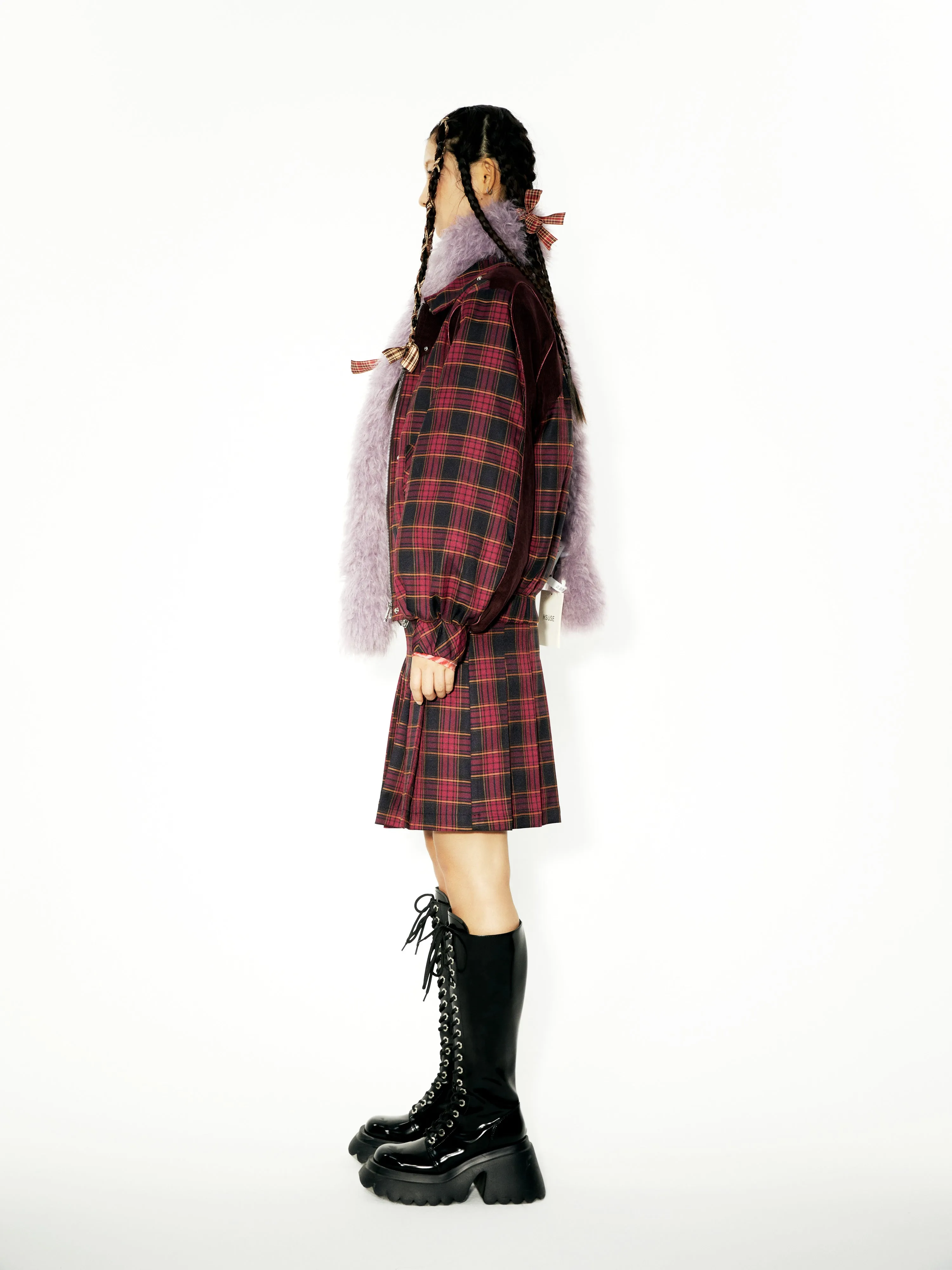 Plaid Stitching ZIP-Up Jacket & Metal Decoration Pleated Skirt