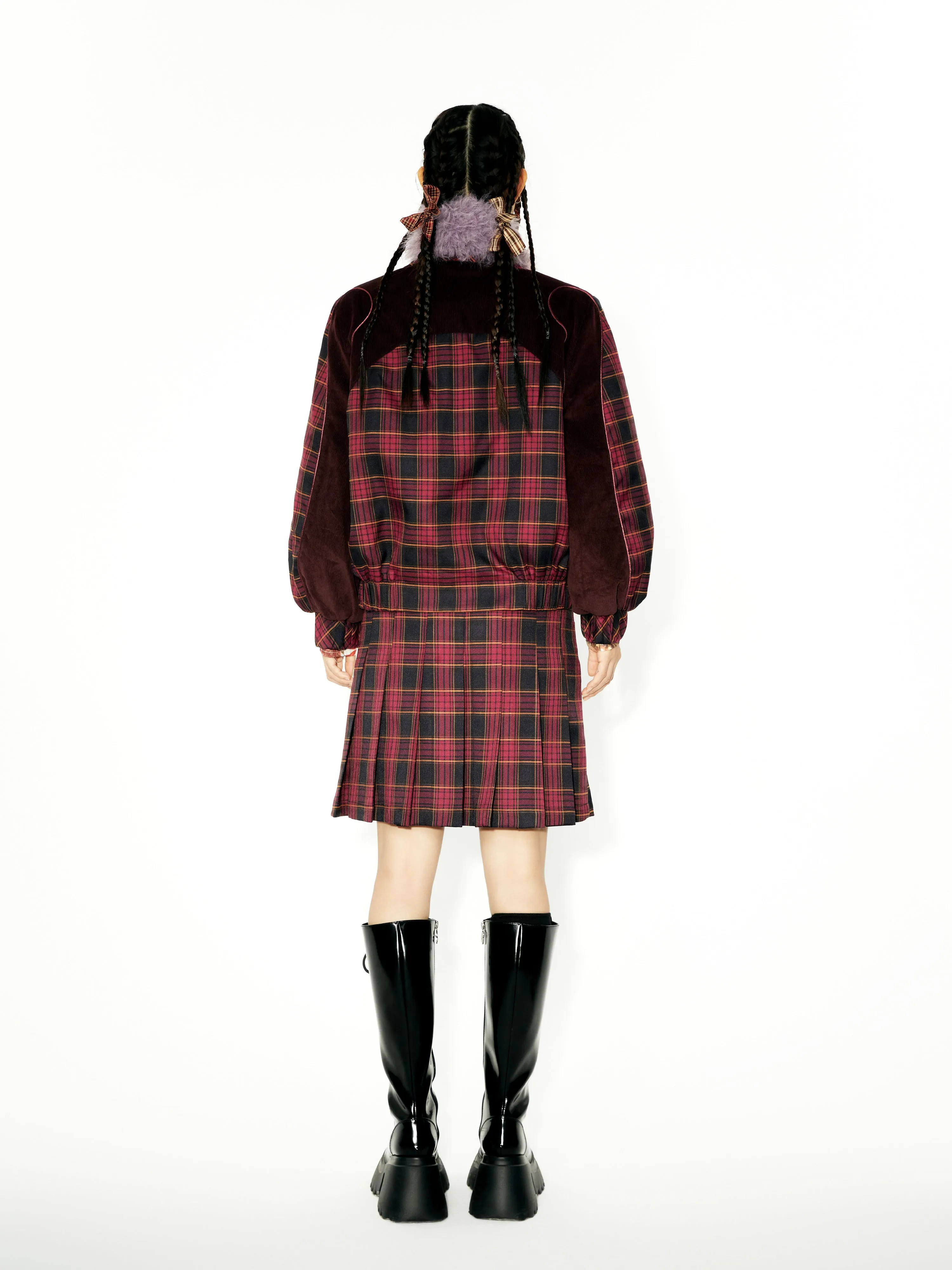 Plaid Stitching ZIP-Up Jacket & Metal Decoration Pleated Skirt