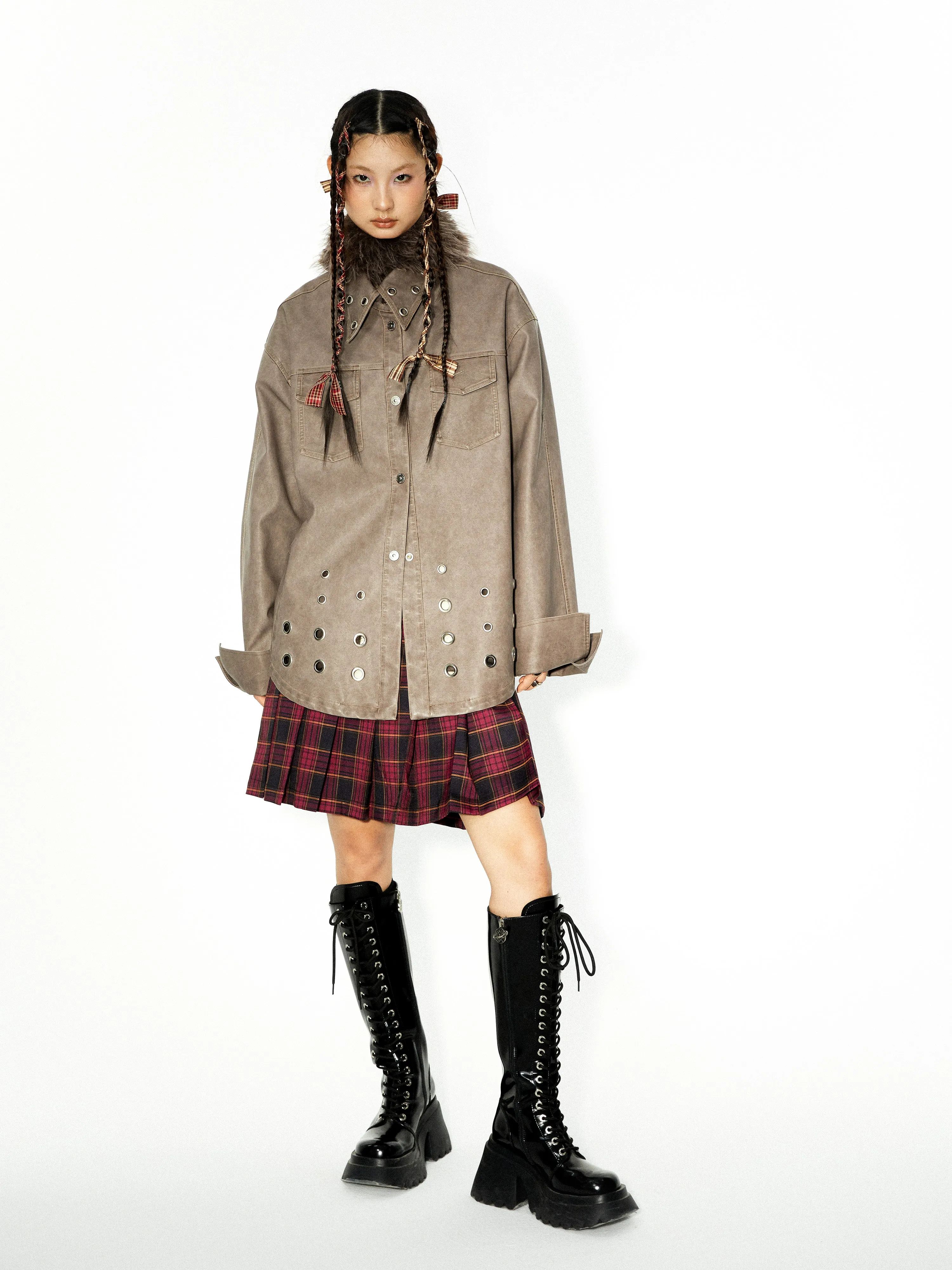 Plaid Stitching ZIP-Up Jacket & Metal Decoration Pleated Skirt