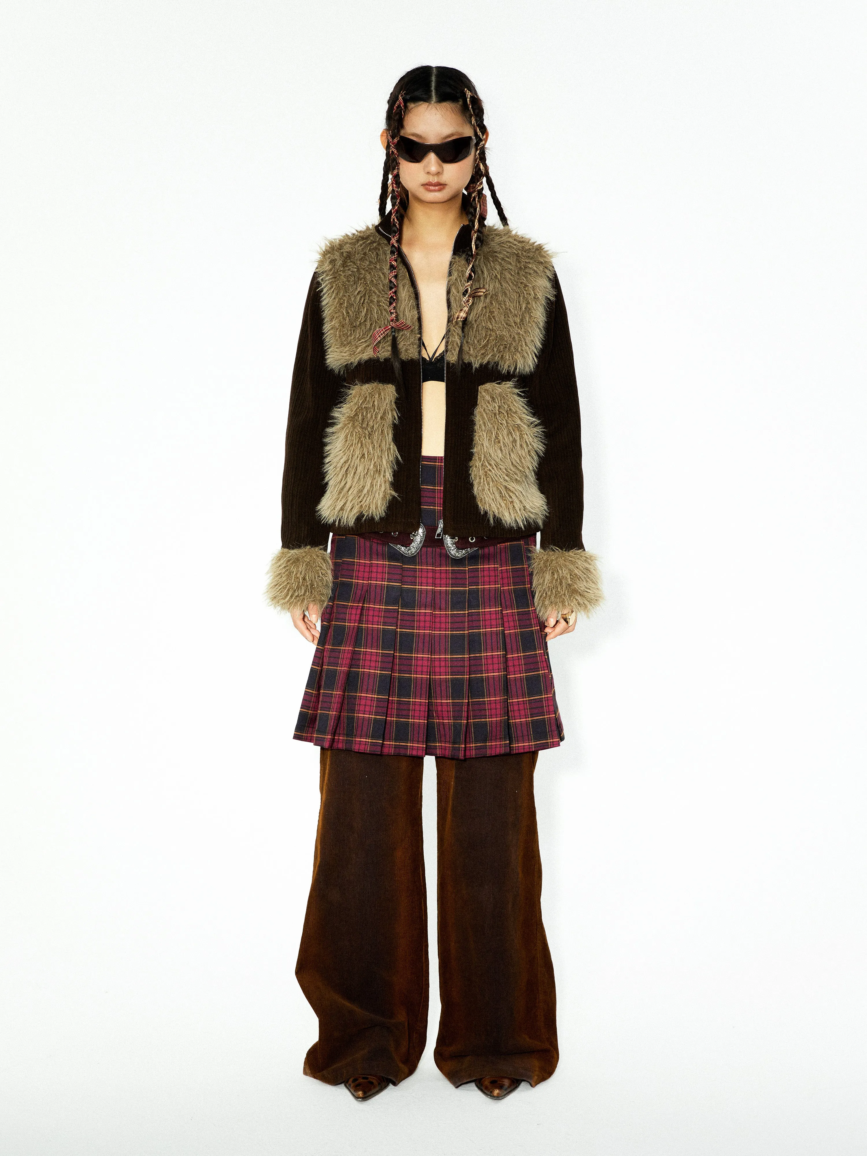 Plaid Stitching ZIP-Up Jacket & Metal Decoration Pleated Skirt