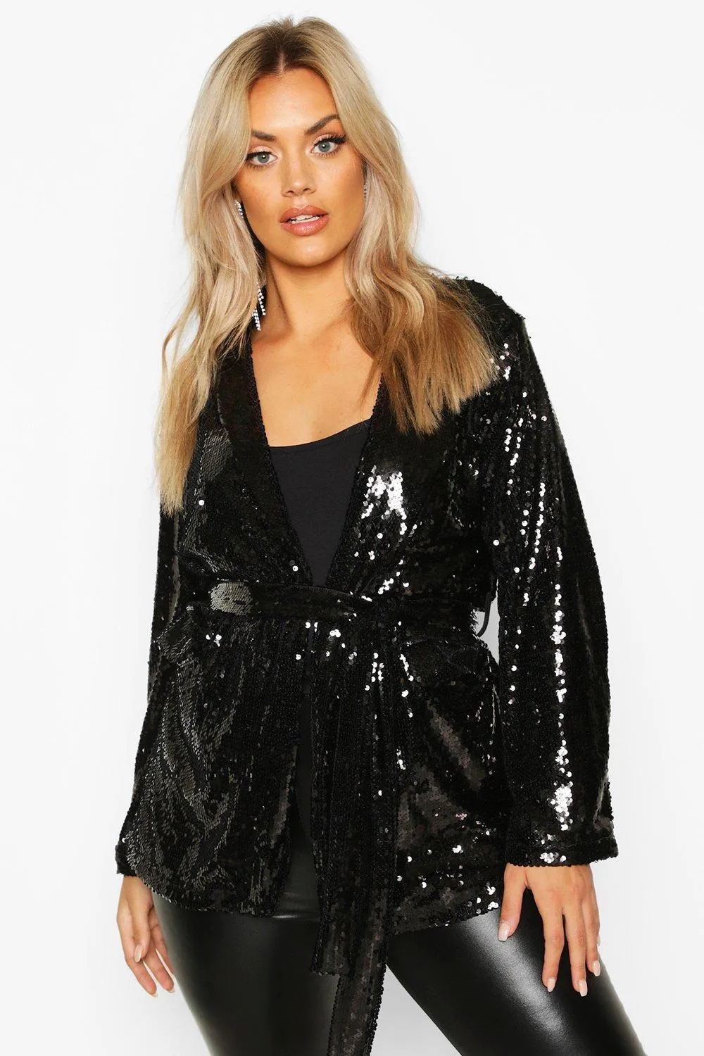 Plus Belted Wrap Sequin Jacket