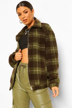 Plus Teddy Check Oversized Bomber Jacket