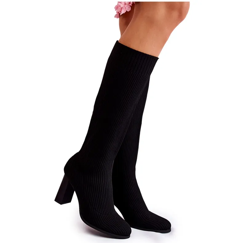 PS1 Fashionable Ribbed Black Carros Heel Boots