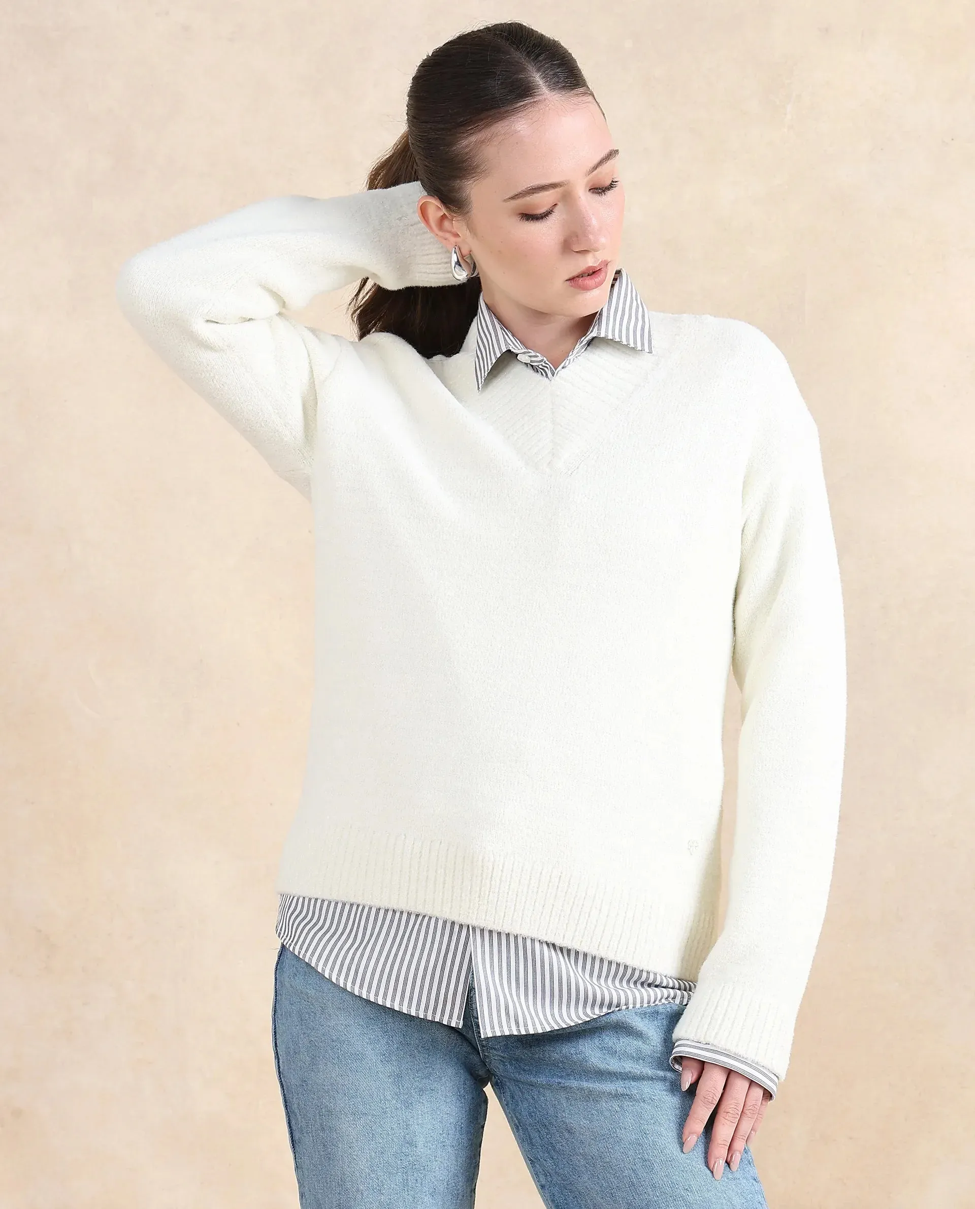 Rareism Women Juno Off White Relaxed Fit Plain Sweater