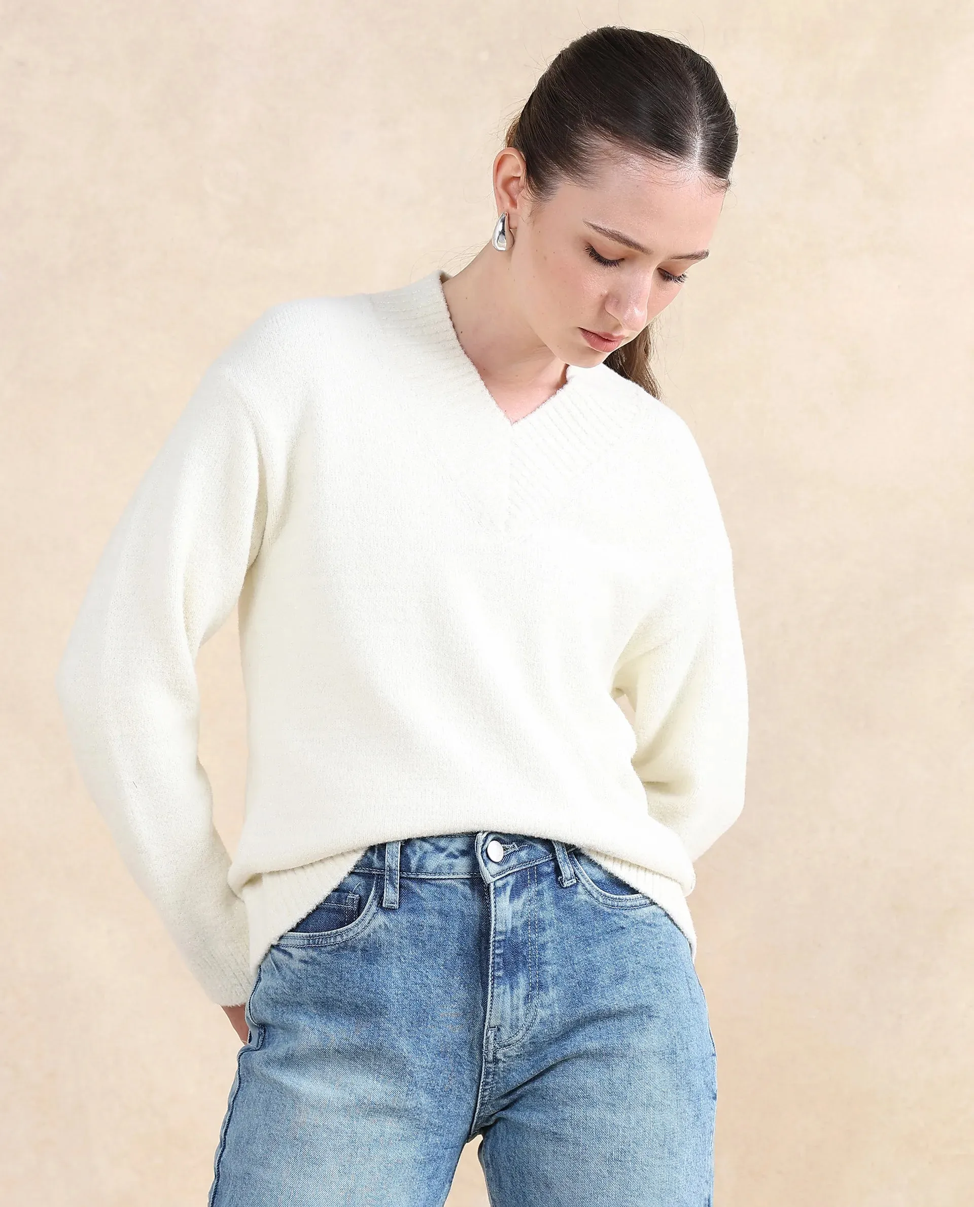 Rareism Women Juno Off White Relaxed Fit Plain Sweater