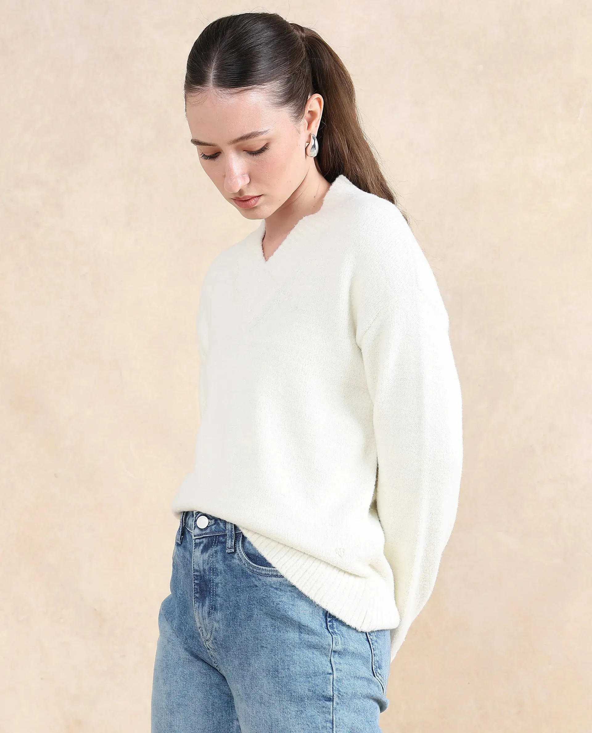 Rareism Women Juno Off White Relaxed Fit Plain Sweater