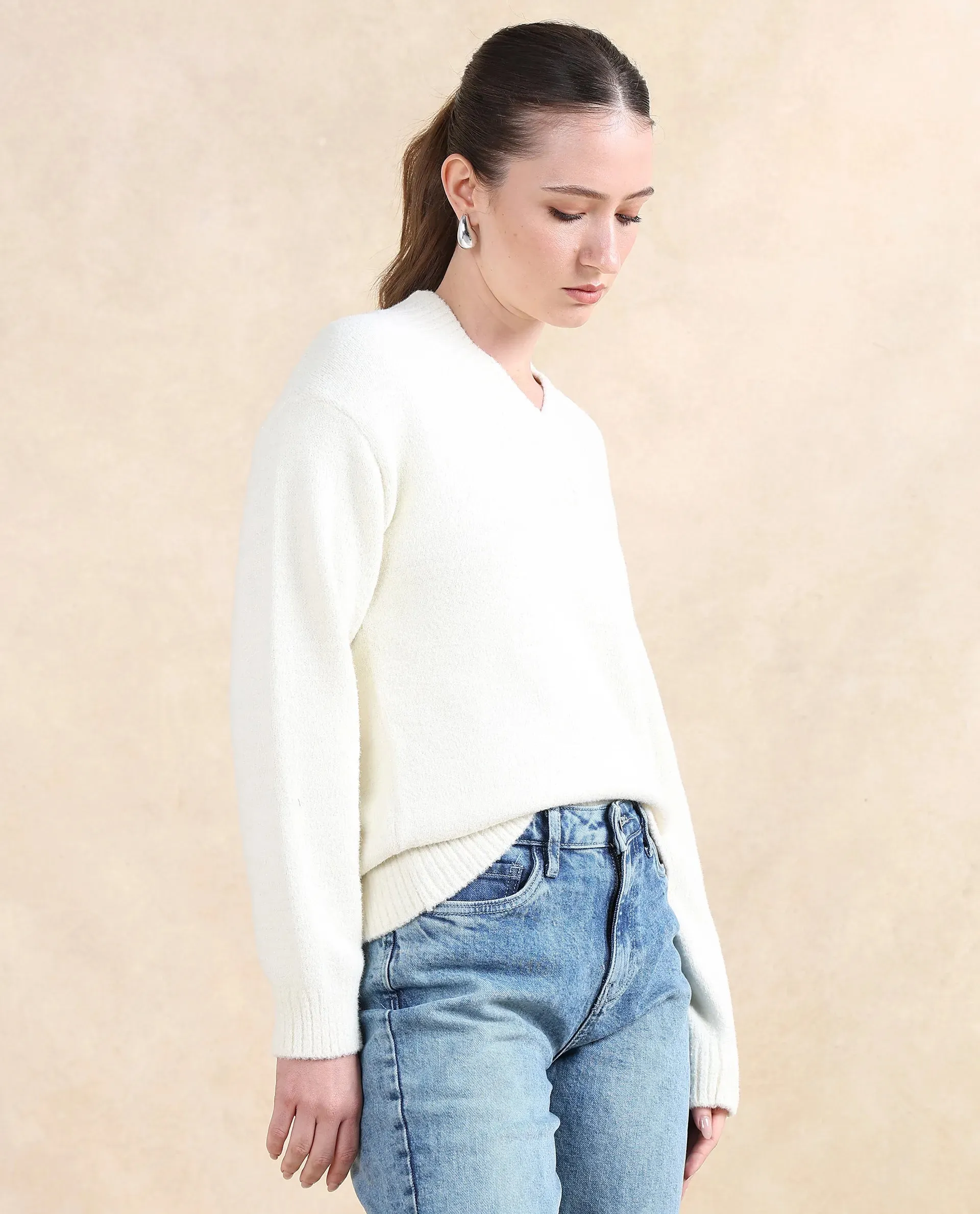 Rareism Women Juno Off White Relaxed Fit Plain Sweater