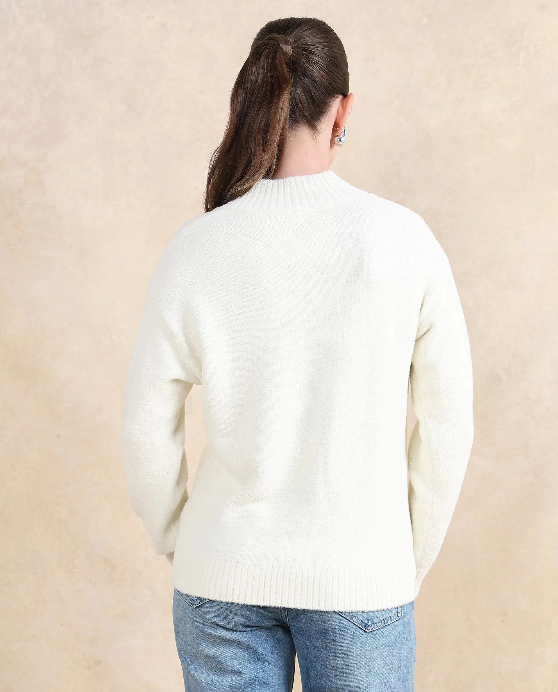 Rareism Women Juno Off White Relaxed Fit Plain Sweater