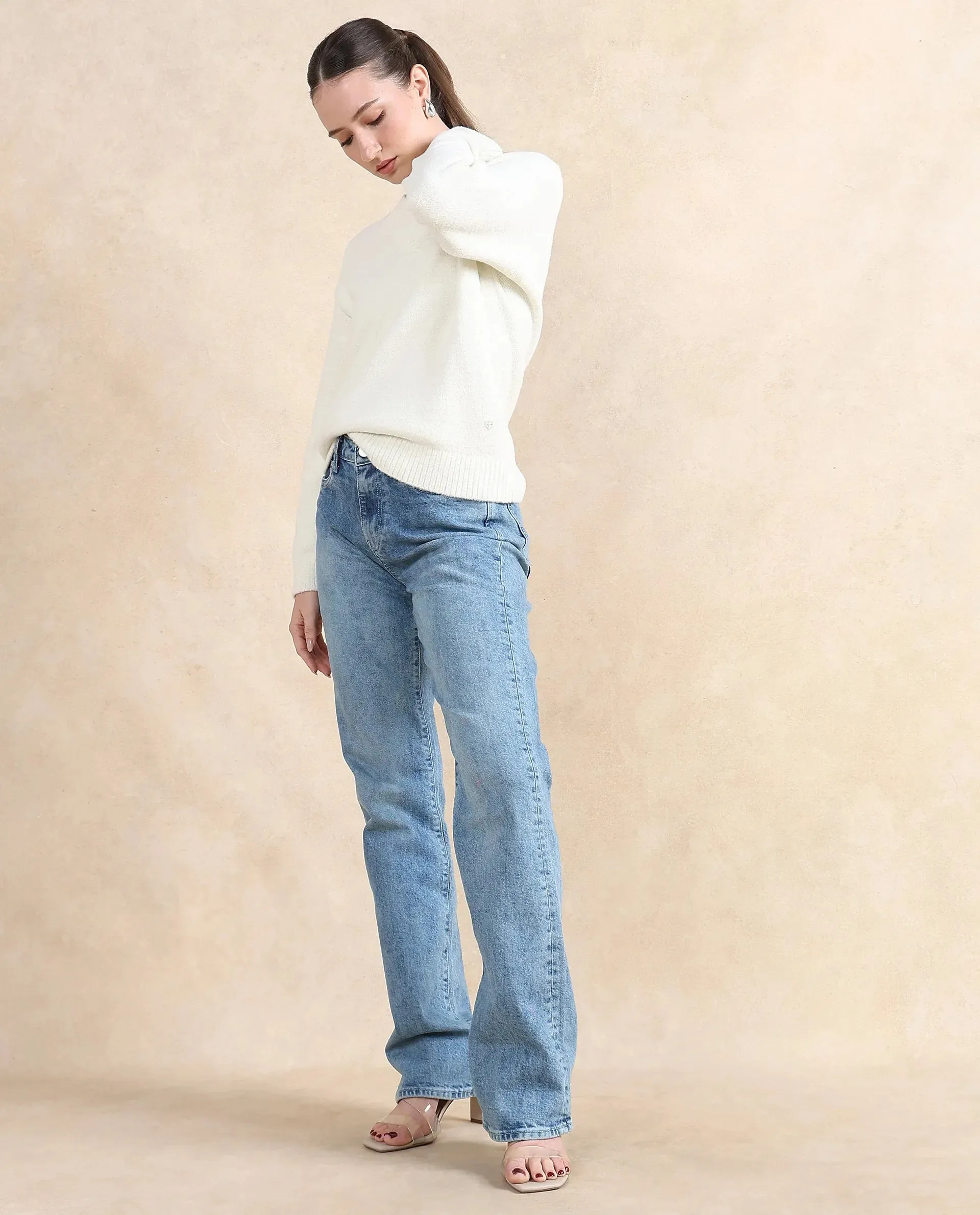 Rareism Women Juno Off White Relaxed Fit Plain Sweater