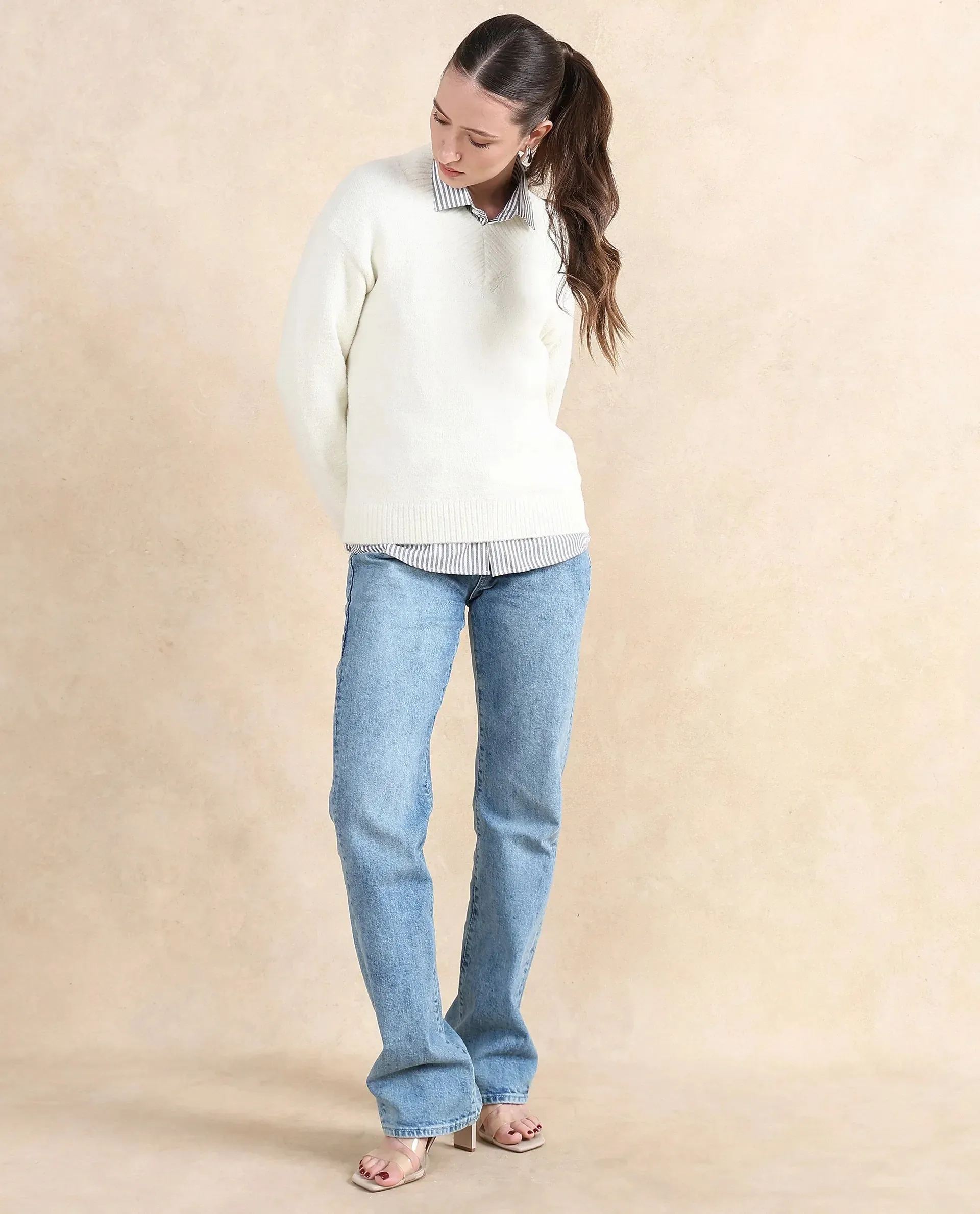 Rareism Women Juno Off White Relaxed Fit Plain Sweater