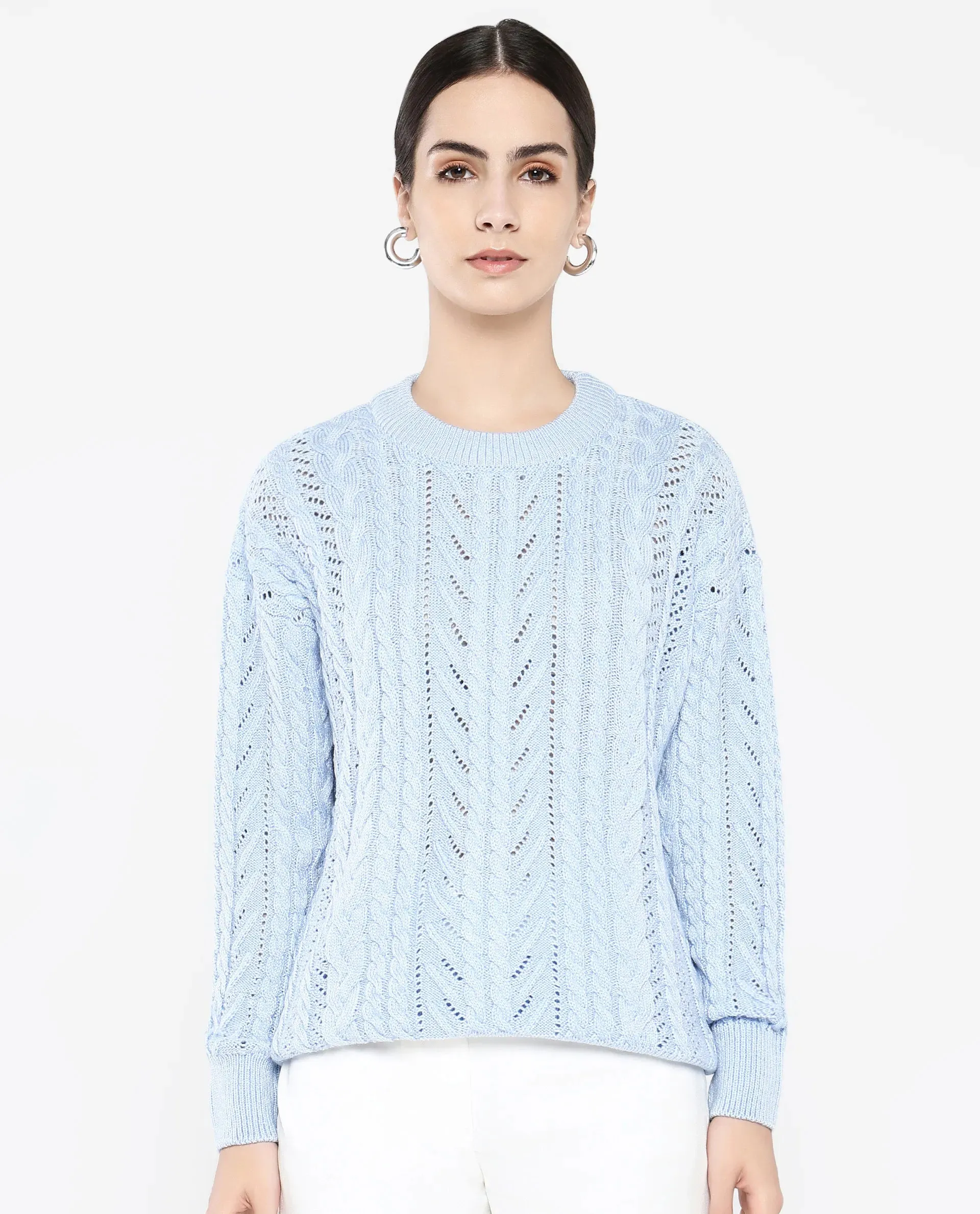 Rareism Women Kaya Light Blue Acrylic Fabric Full Sleeve Crew Neck Plain Sweater