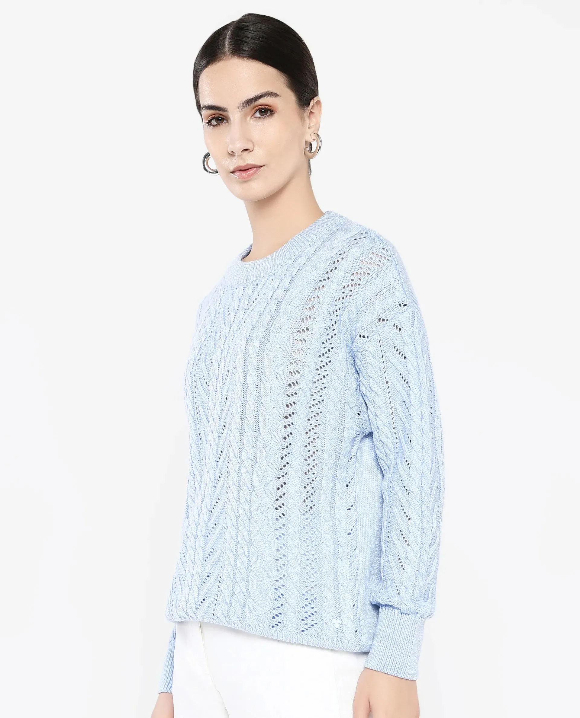 Rareism Women Kaya Light Blue Acrylic Fabric Full Sleeve Crew Neck Plain Sweater