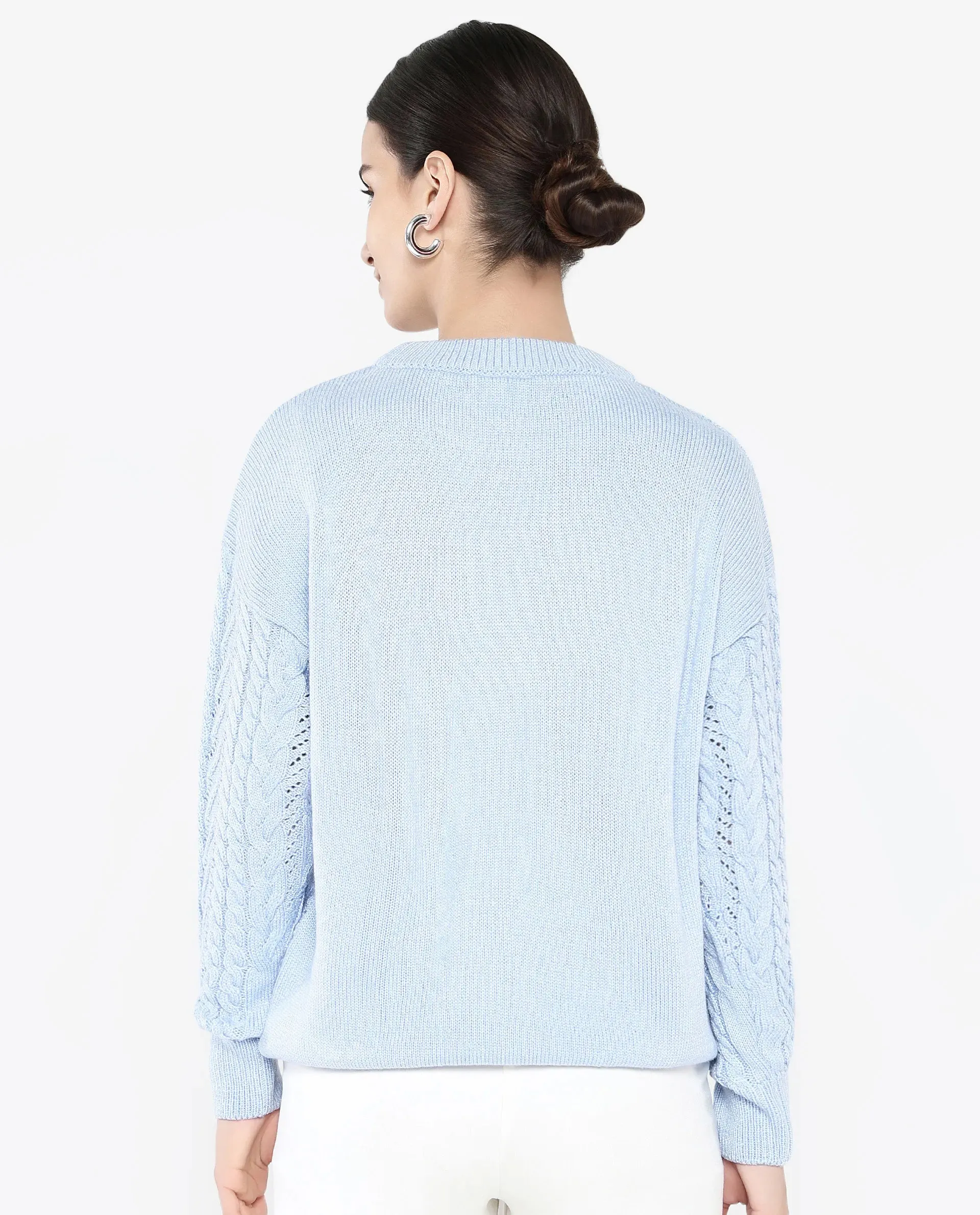 Rareism Women Kaya Light Blue Acrylic Fabric Full Sleeve Crew Neck Plain Sweater