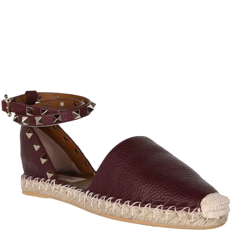 Rockstud Espadrille Ankle Wrap Flat Grained, Rubin