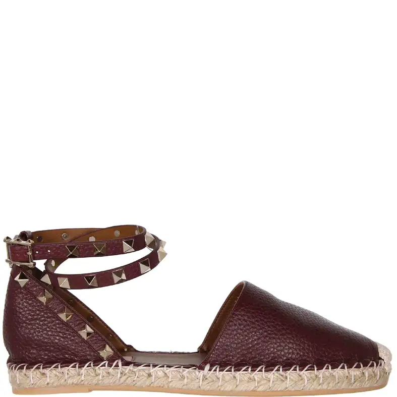 Rockstud Espadrille Ankle Wrap Flat Grained, Rubin