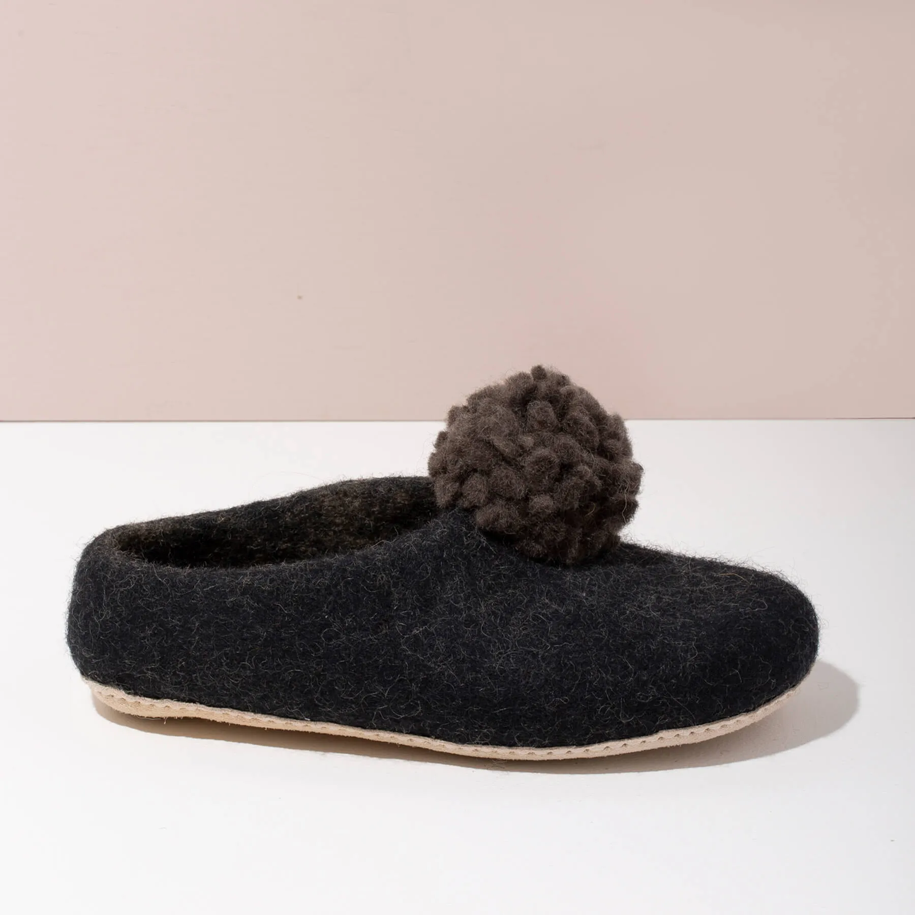 SALE - Pom Pom Felt Slippers - Dark Grey + Black