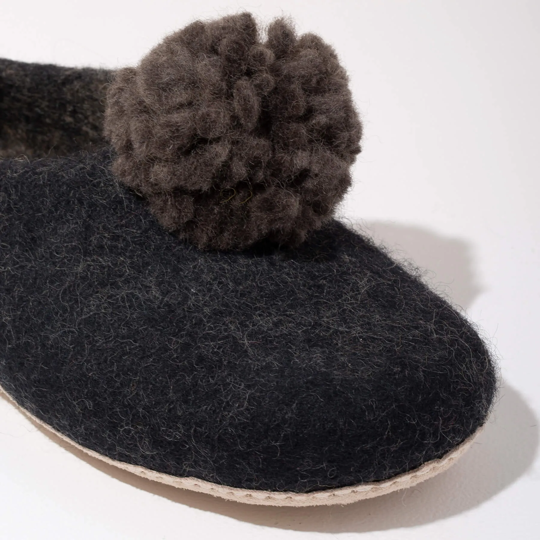 SALE - Pom Pom Felt Slippers - Dark Grey + Black