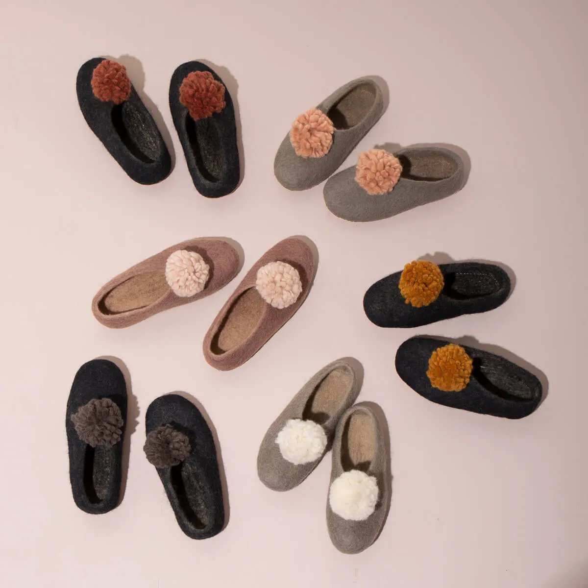 SALE - Pom Pom Felt Slippers - Dark Grey + Black