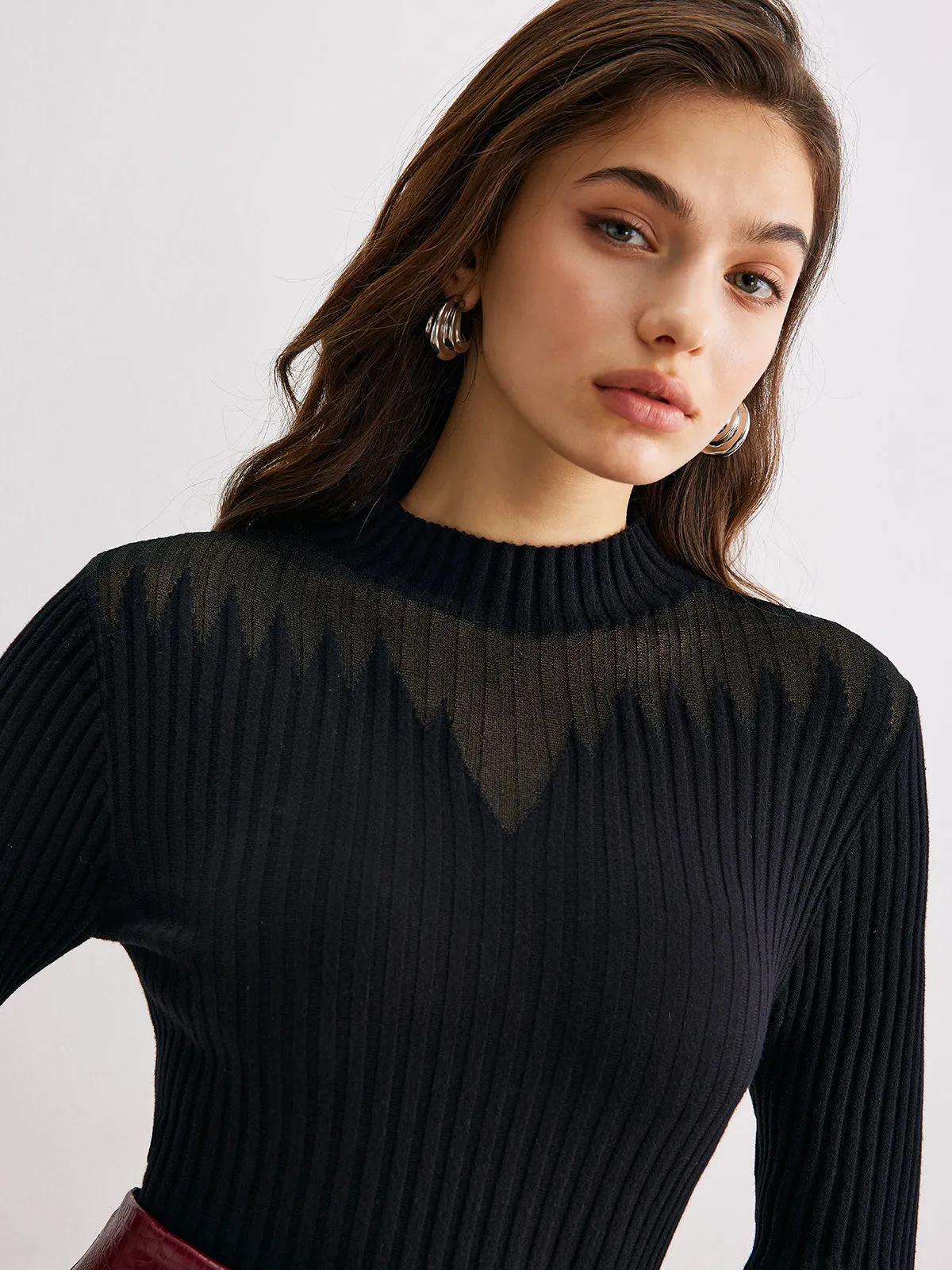 Sheer-Detail Ribbed Slim Sweater