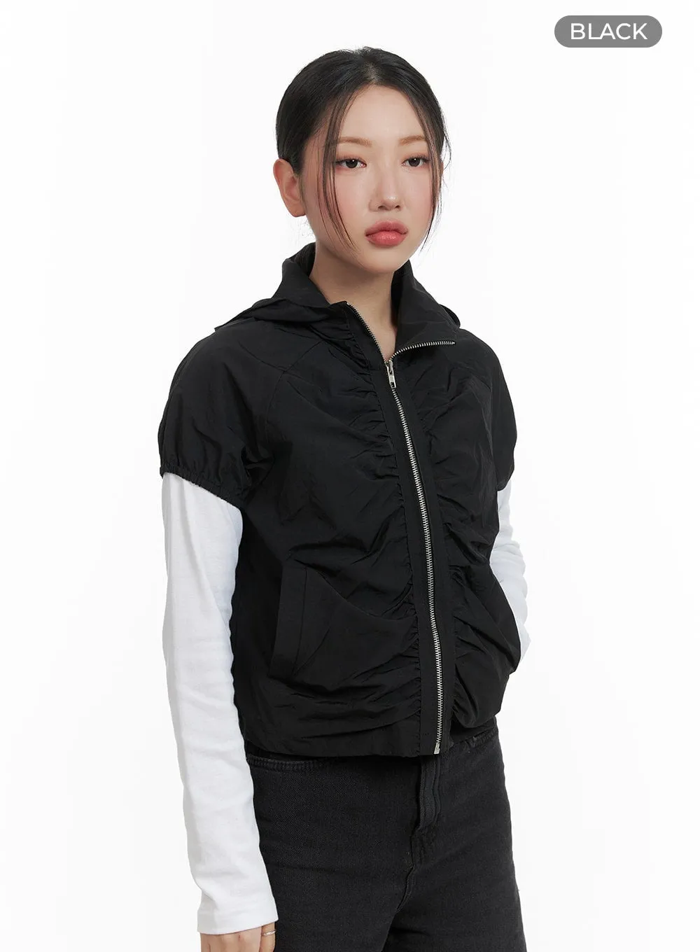 Shirred Hooded Short-Sleeve Nylon Jacket CA415