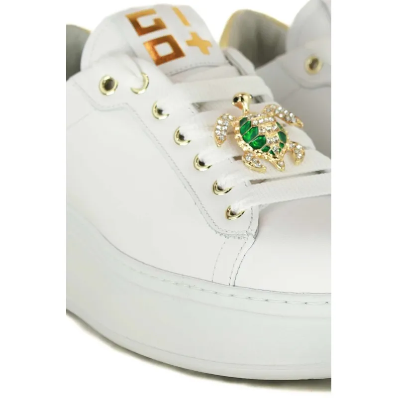 SNEAKERS DONNA IN PELLE CON CASTONI GIOIELLO, BIANCO