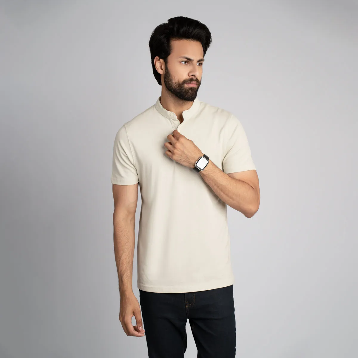 Stand Up Collar Half Sleeve Henley - HSSM1230008