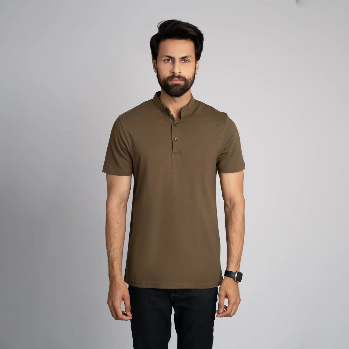 Stand Up Collar Half Sleeve Henley - HSSM1230008