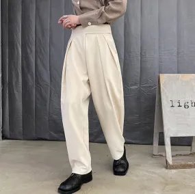 STRAIGHT LEG SHARP PLEATED PANTS - BEIGE/ BLACK