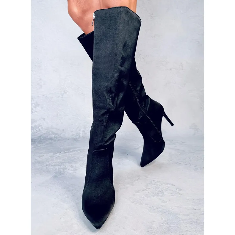 Strauss Black Satin High Heel Boots