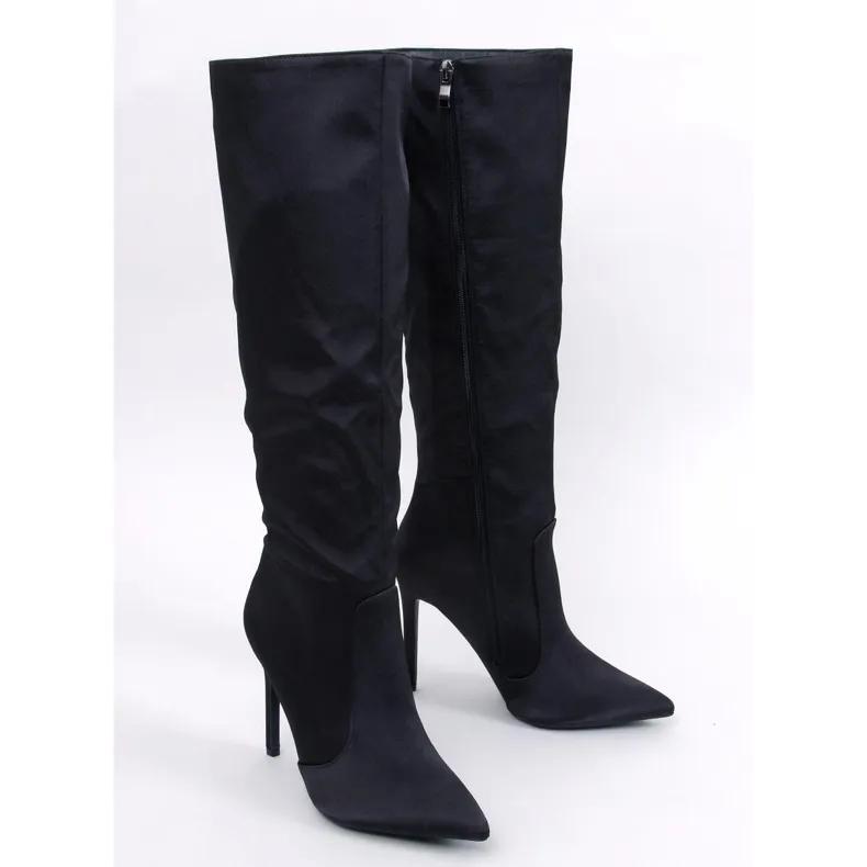 Strauss Black Satin High Heel Boots