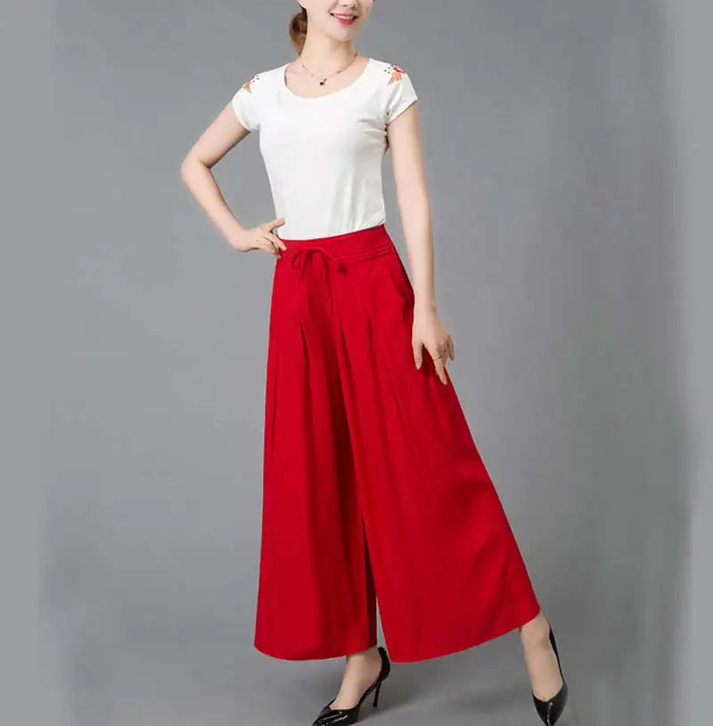 Summer elastic waist national cotton wide-leg pants plus size