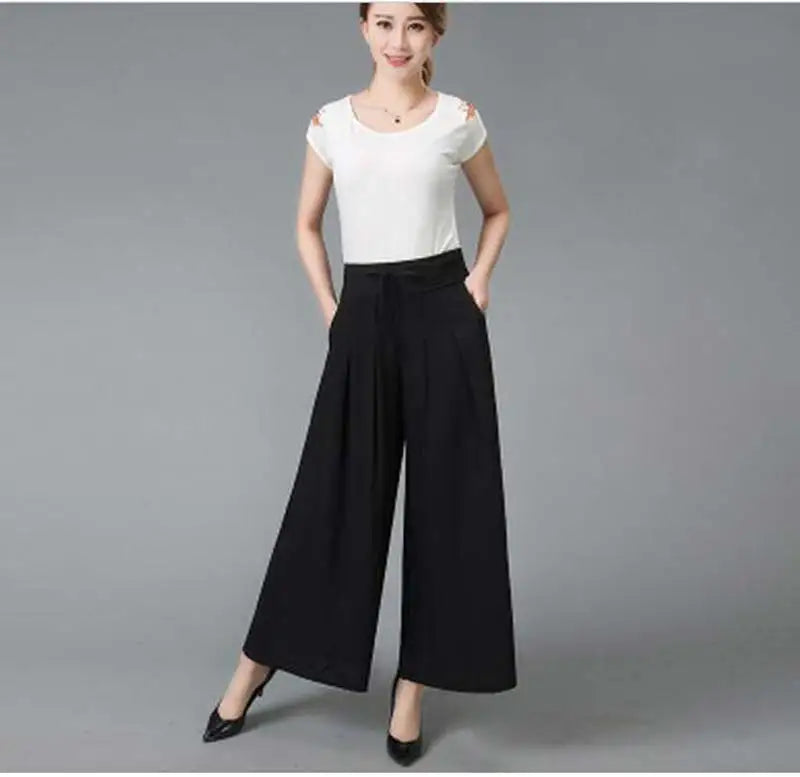 Summer elastic waist national cotton wide-leg pants plus size