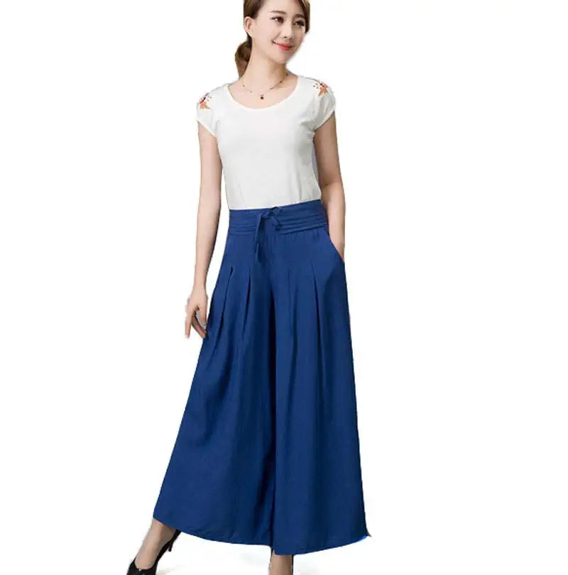 Summer elastic waist national cotton wide-leg pants plus size