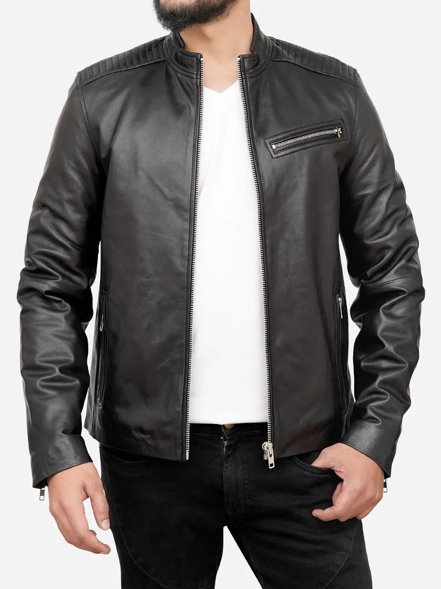 Thomas Sheepskin Black Cafe Racer Motorcycle Jacket