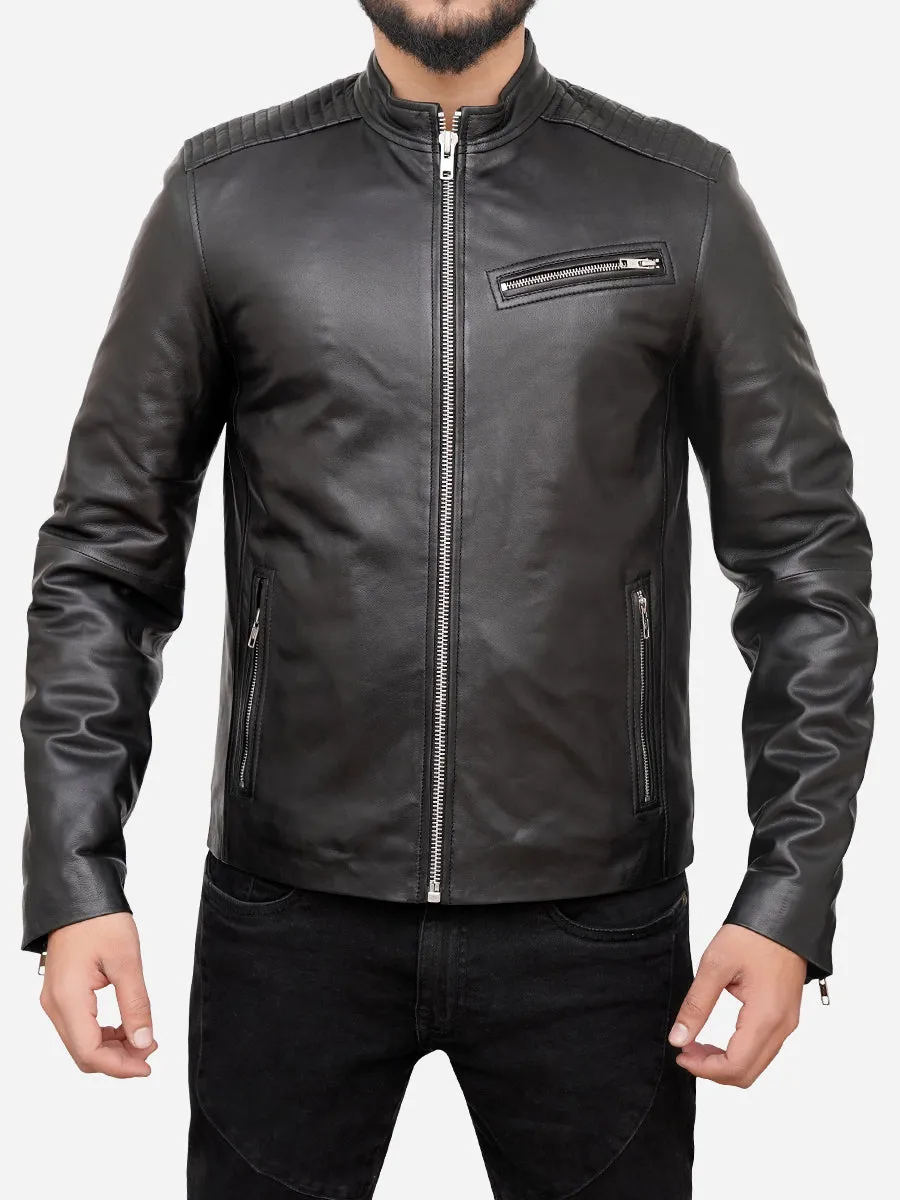 Thomas Sheepskin Black Cafe Racer Motorcycle Jacket