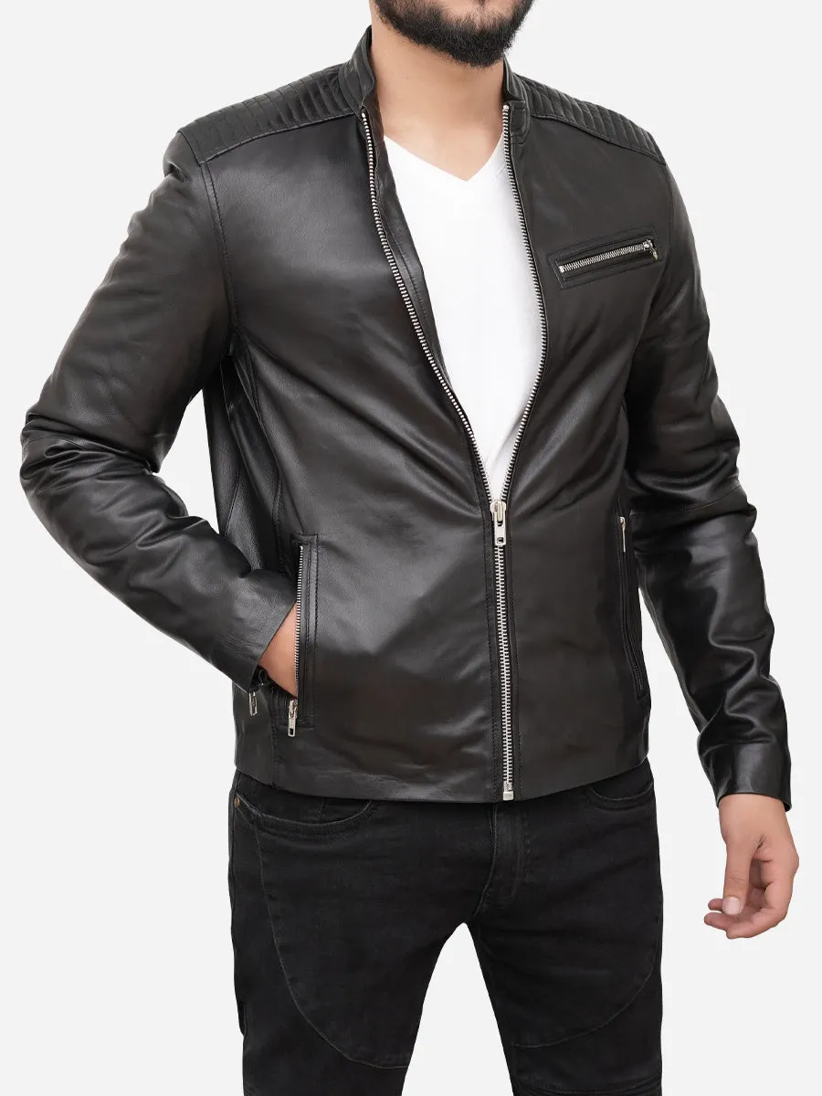 Thomas Sheepskin Black Cafe Racer Motorcycle Jacket