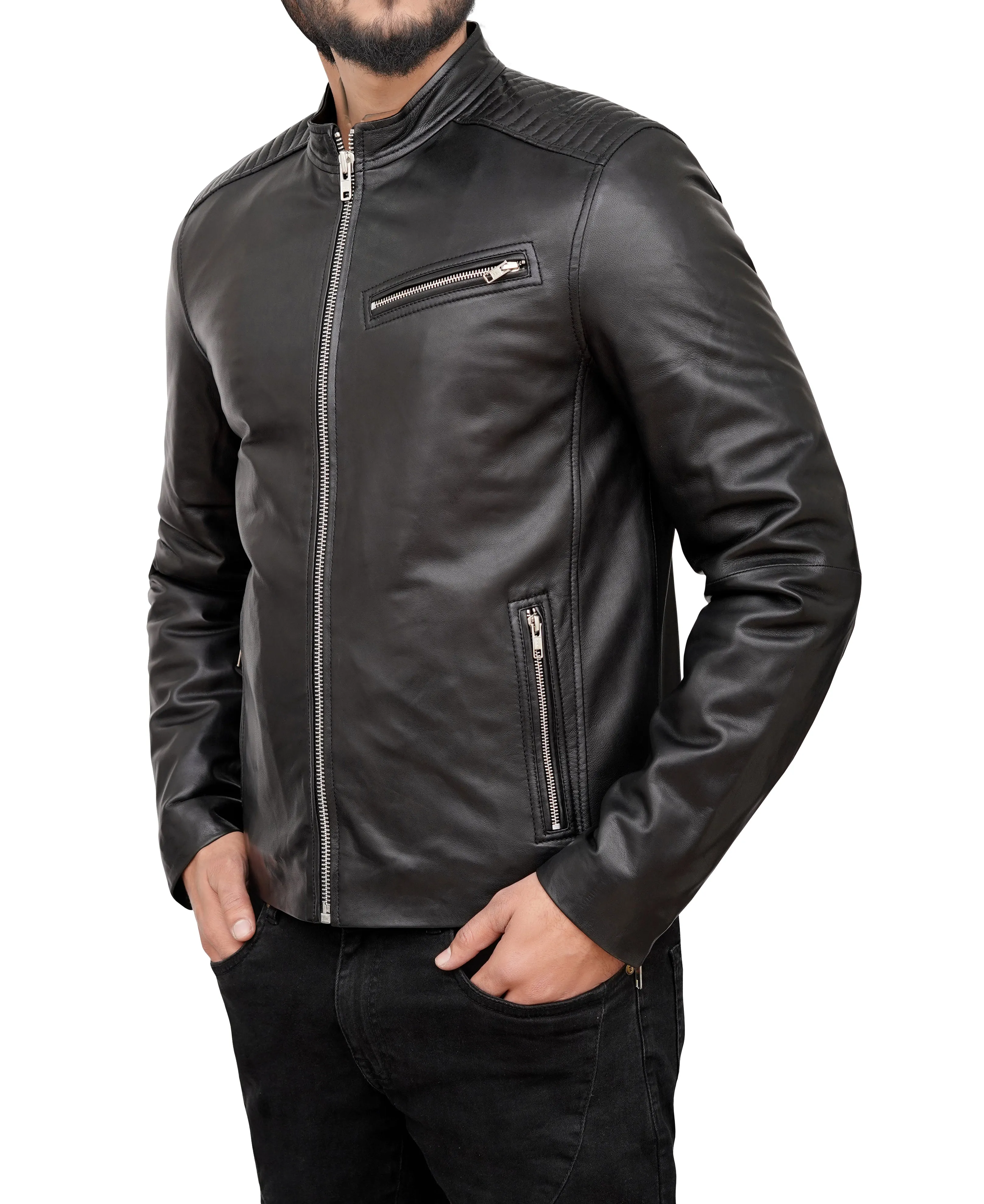 Thomas Sheepskin Black Cafe Racer Motorcycle Jacket