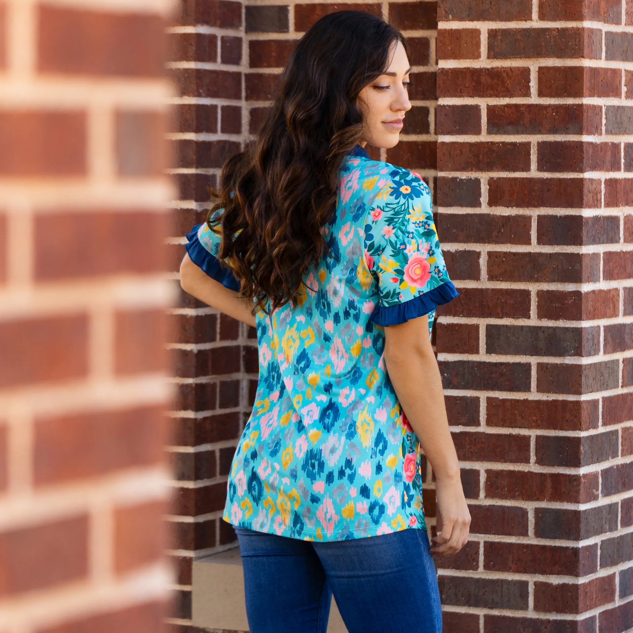 Turquoise Floral Tribal v-neck top