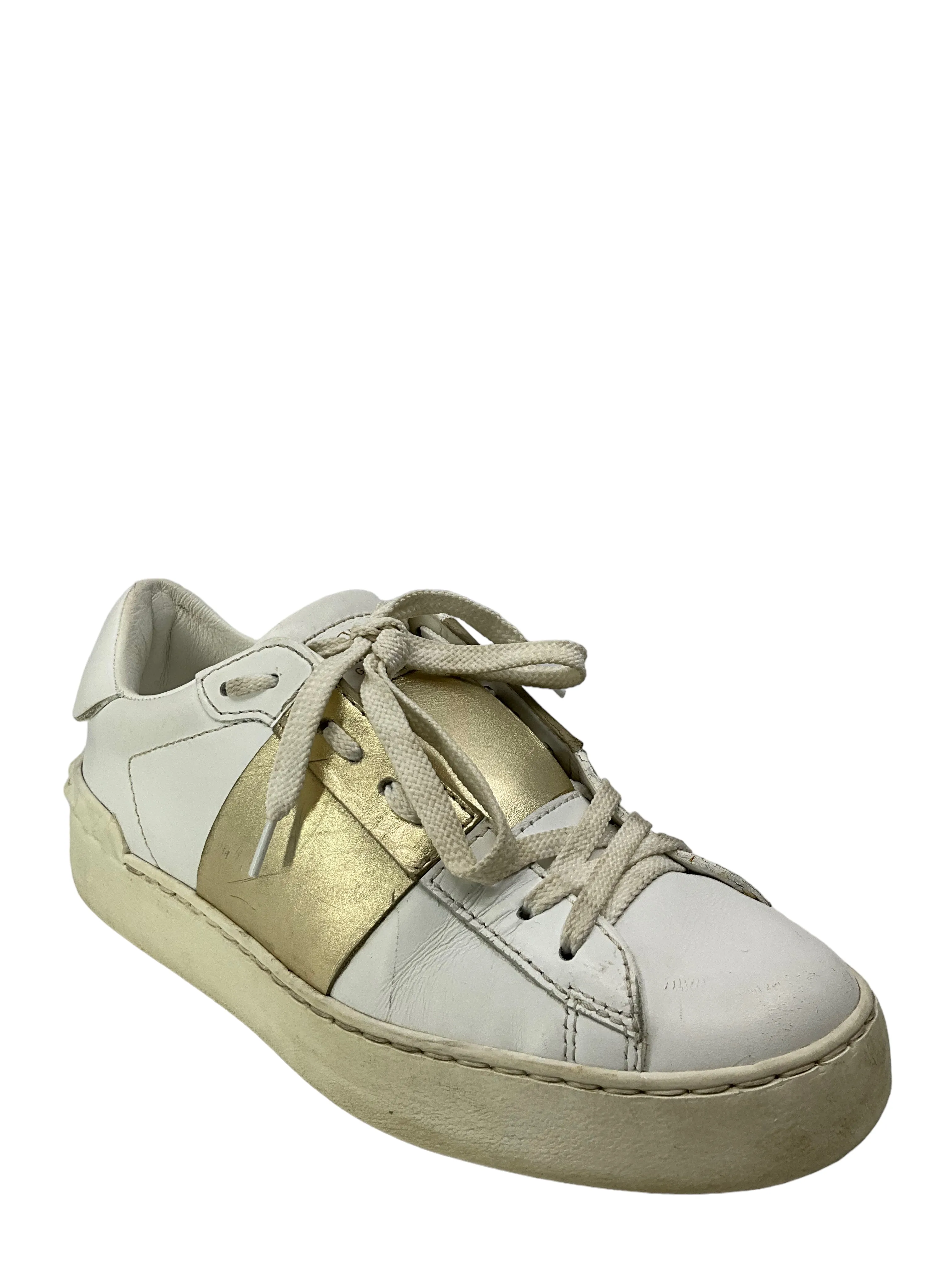 Valentino Garavani Rockstud White And Gold Leather Sneakers Size 6.5